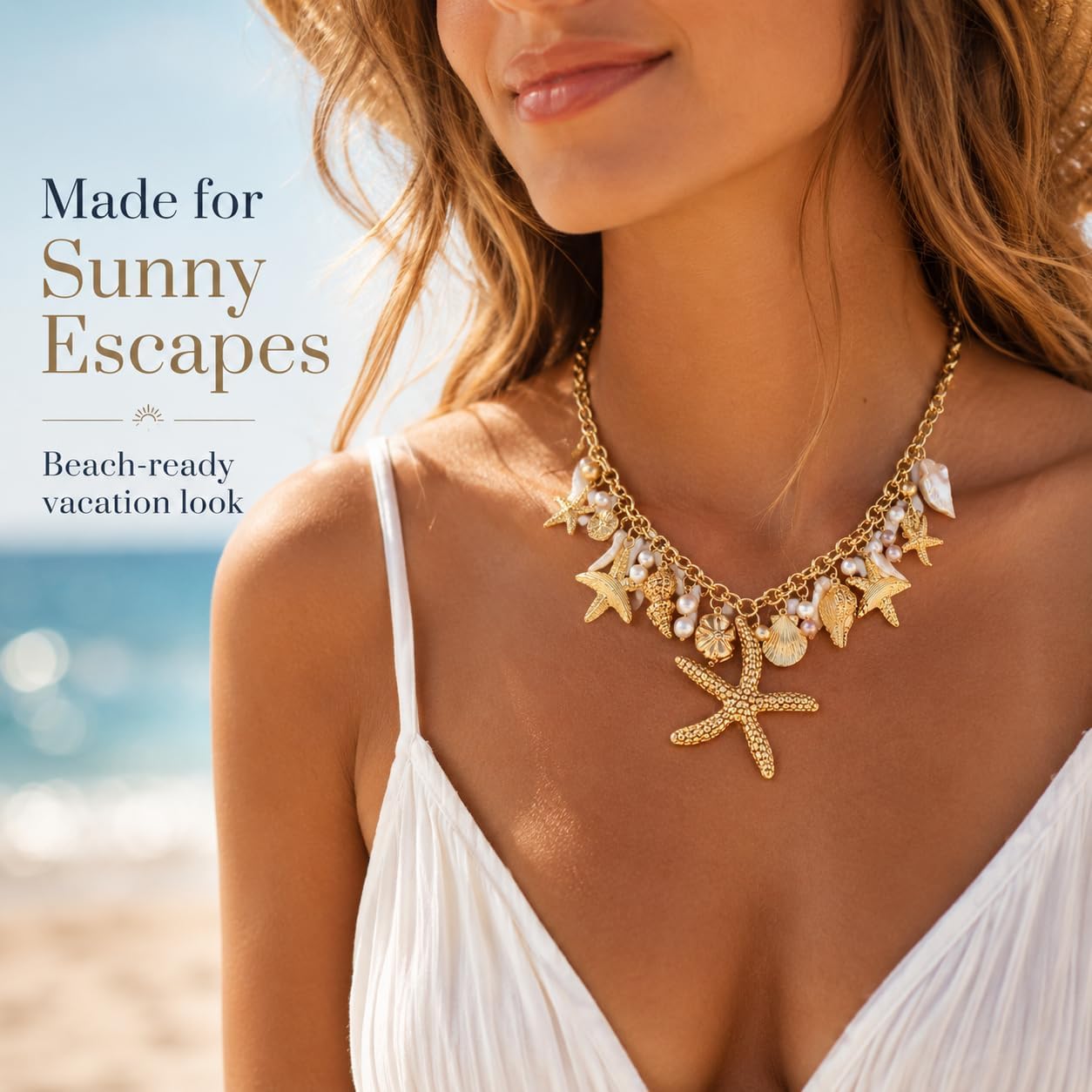 Shell Starfish Necklace for Women Gold Tone Layered Beach Jewelry Pearl Seashell Charm Adjustable Coastal Necklace for Summer Vacation Outfits Gifts