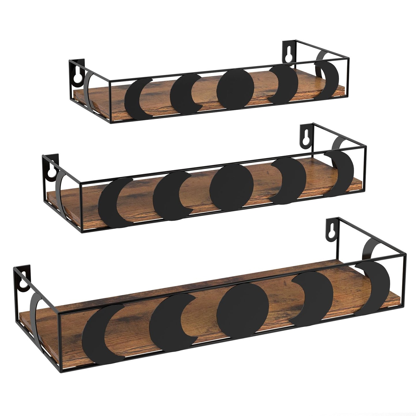 PHAREGE Black and Brown Floating Wall Shelves, Set of 3 Moon Phase Decorative Small Shelves for Bedroom Kid Room, Display Shelf for Crystal Collectibles Figurine