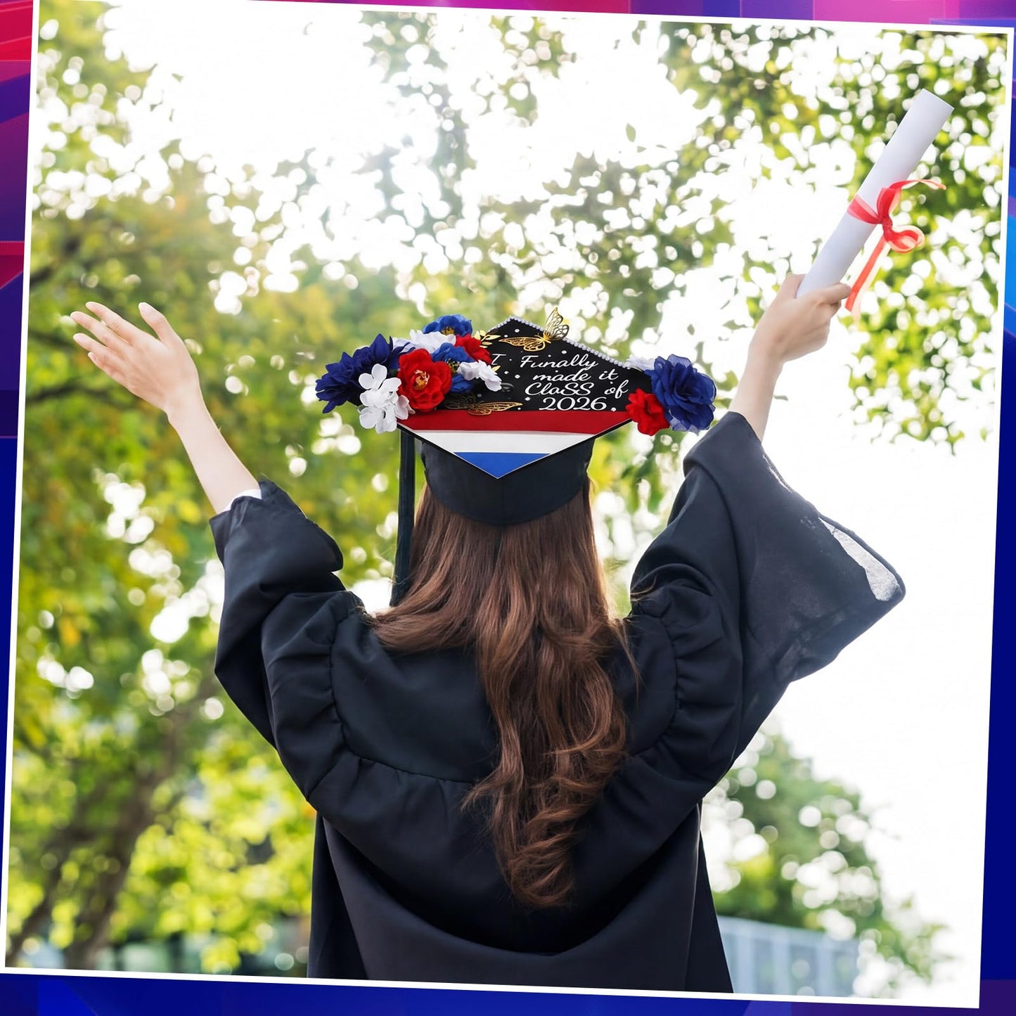 FineCheer 46 Pcs DIY Graduation Cap Decoration Kit Red White Blue Puerto Rico Flower 3D Butterfly Rhinestone Pearl Letter Sticker Glitter Paper for Dominican Republic 2026 Grad Hat Topper Party Decor