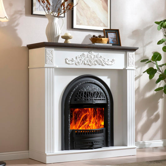 45" Birdcage-Style Electric Fireplace with Mantel, 46" Tall Fireplace TV Stand, Farmhouse Entertainment Center with Storage & Replaceable Insert Heater for Living Room, White+Walnut