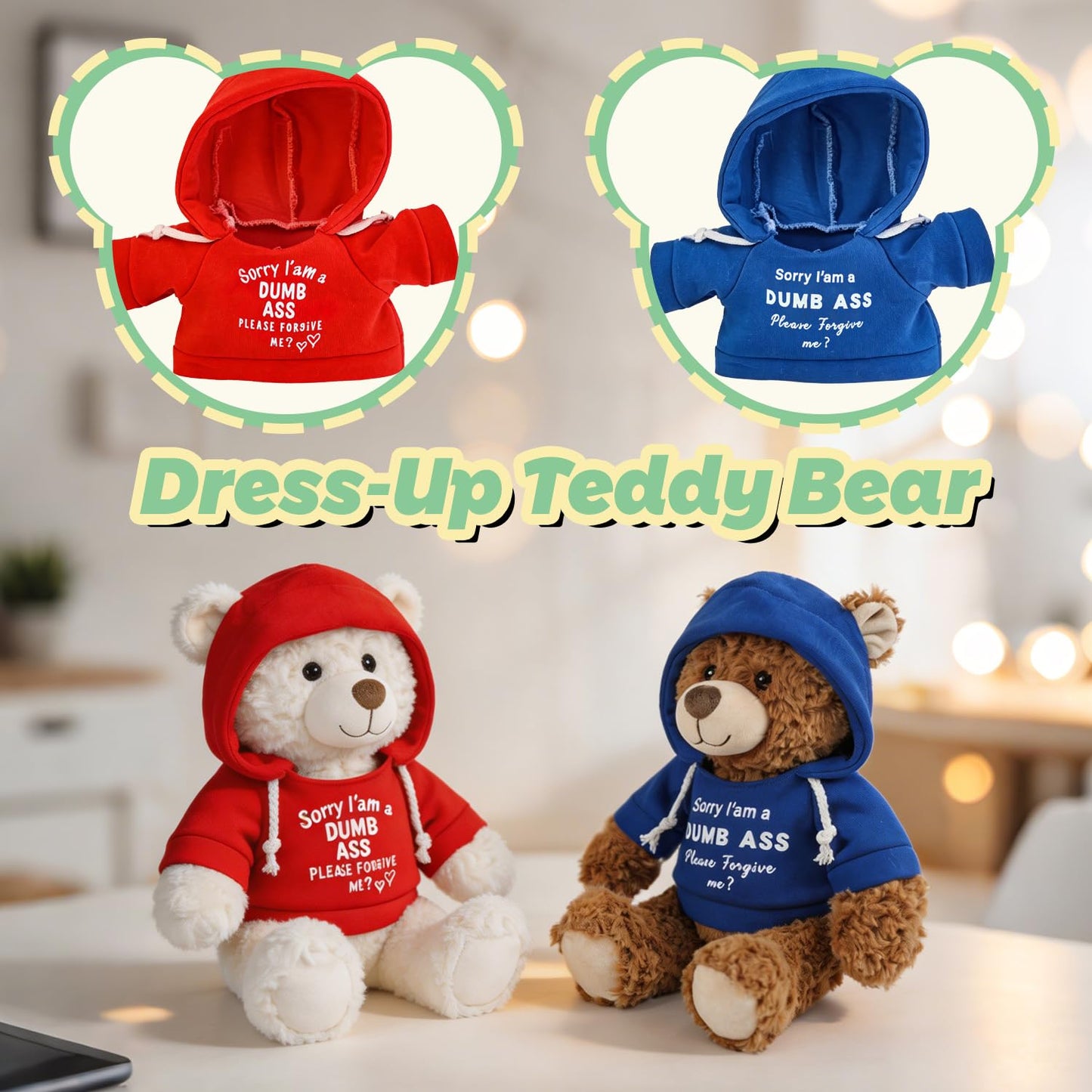 Hideekoog 2 Pcs ForgiveTeddy Bears Plush Dolls 8.7 Inch Stuffed Bear Animal Set Hoodie-Wearing Bear with Sorry and Forgive Me Valentine’s Cozy Bear for Girlfriend Girls Kids Baby Gift (Red + Blue)