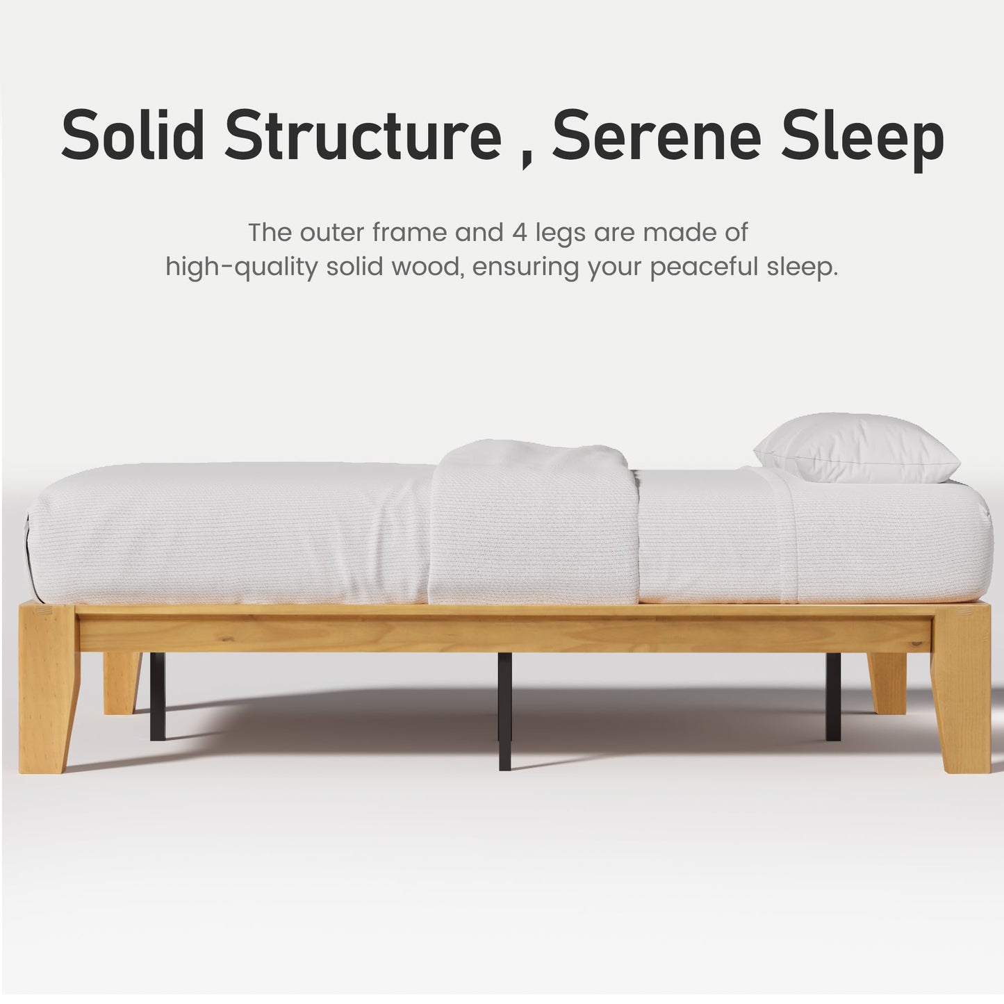 Lifezone Wood Queen Platform Bed Frame, Premium Solid Wood, Sturdy Structure, 3.78” Thickened & 14” Height Legs, Easily Assemble, Mortise & Tenon Joints Patterns, Natural