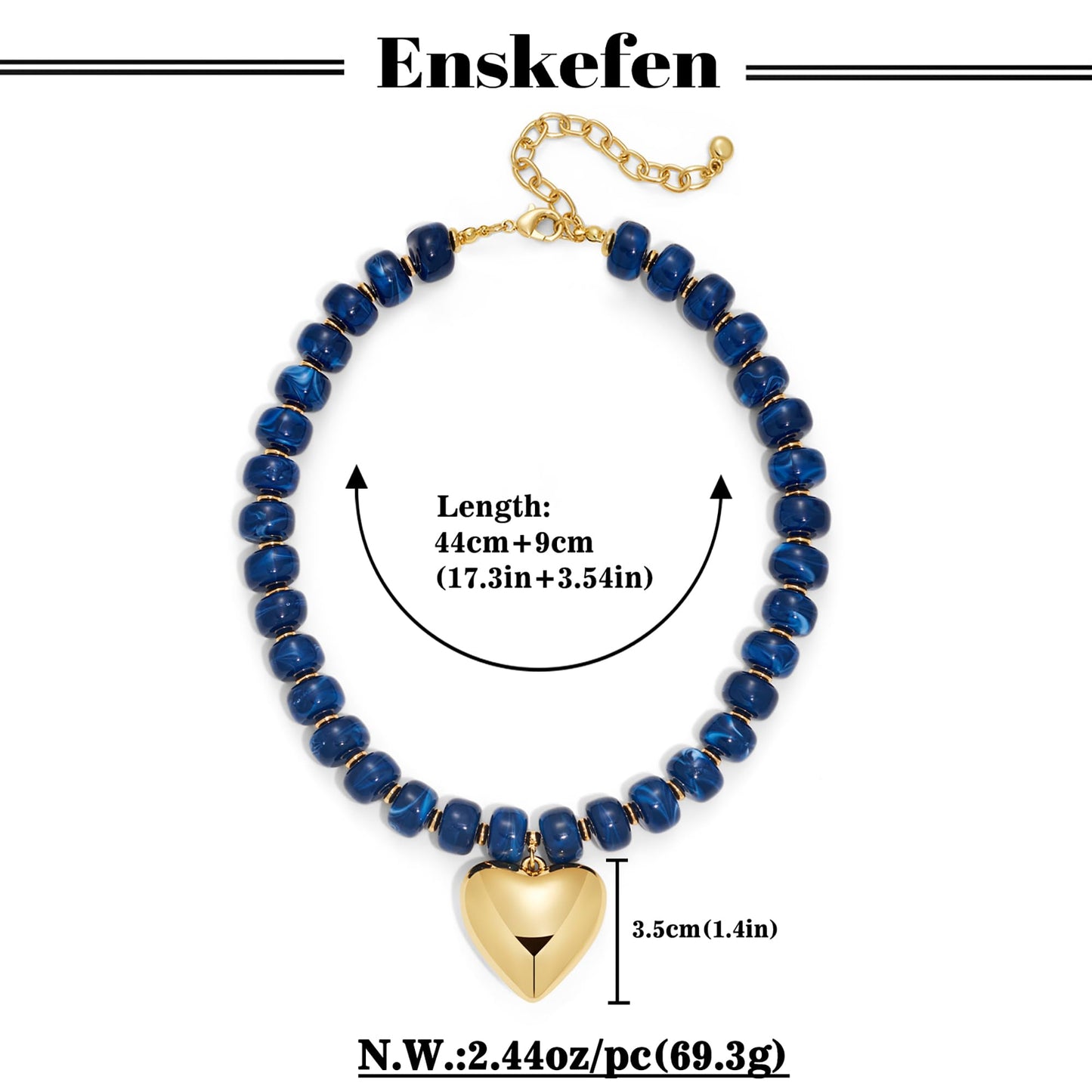 ENSKEFEN Big Gold Heart Pendant Necklaces for Women Chunky Resin Acrylic Beaded Choker Necklace Statement Dark Blue Beads Necklace Bold Fashion Jewelry