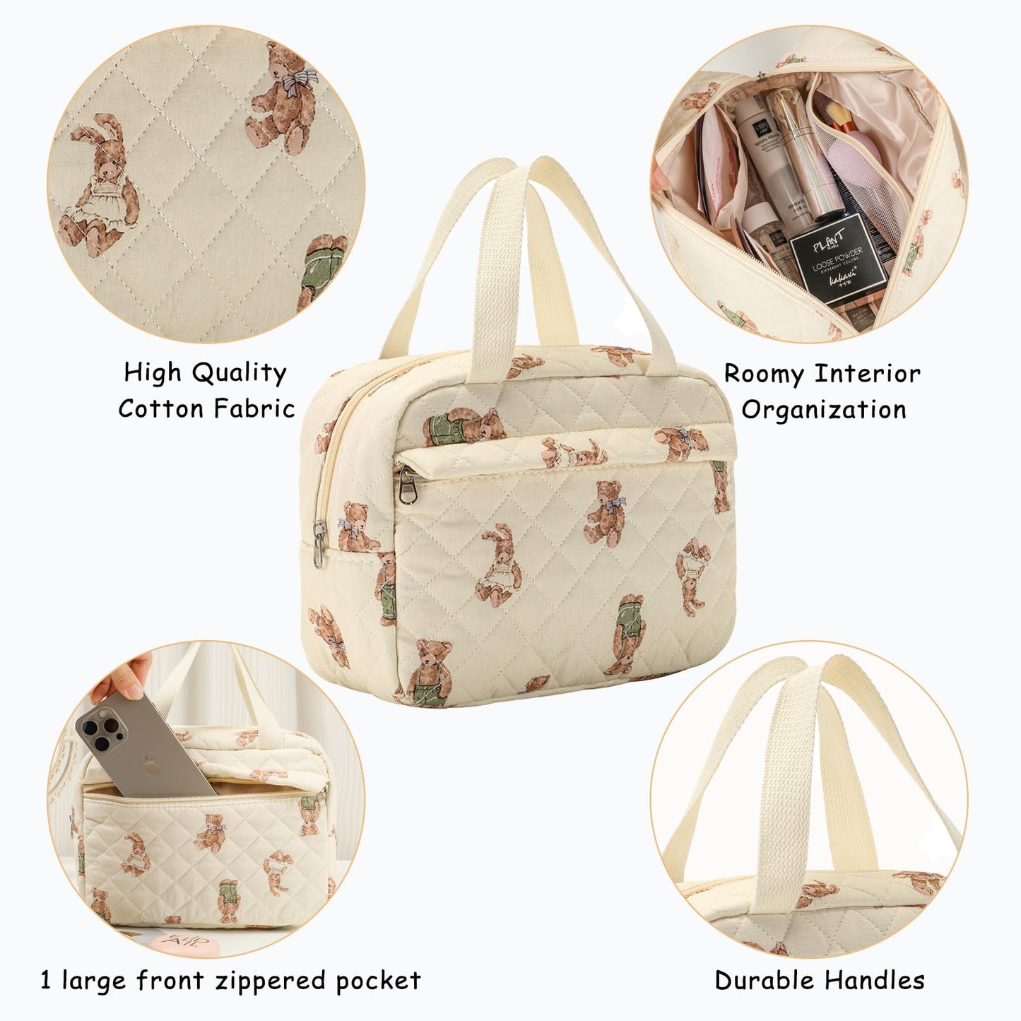 uekeboag Large Size Quilted Coquette Makeup Bag, Cute Preppy Floral Cotton Travel Cosmetic Organizer Bag with Top Handle, Multi-Layer Travel Toiletry Pouch for Girls (04Bear)