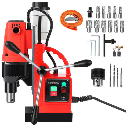 COZONY Mag Drill Press, 1100W 550RPM Portable Magnetic Drill Press, Magnetic Core Electric Drilling Machine for Metal Working,14Pcs Annular Cutters Drilling Bits，Red