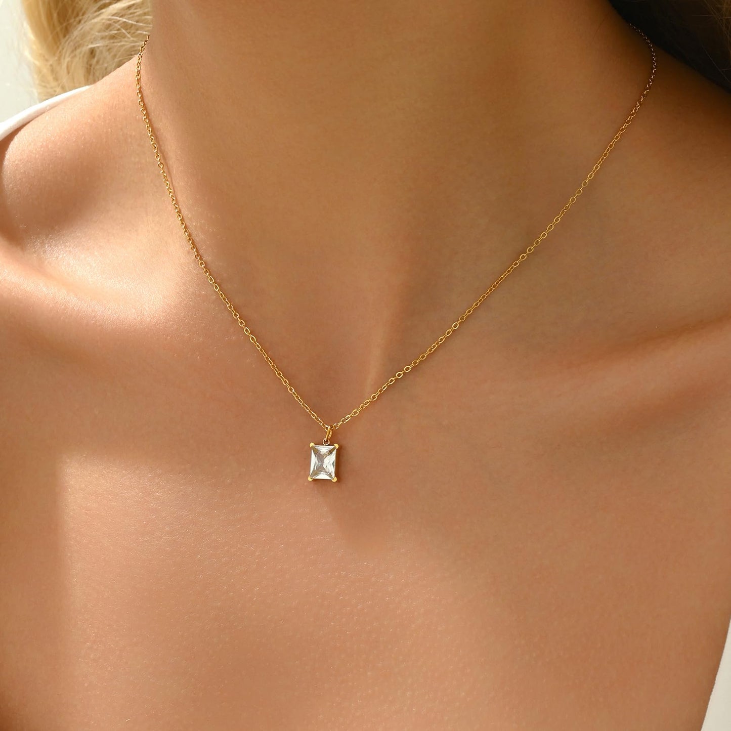NONAMOIS 18K Gold Plated Square CZ Pendant Necklace for Women Stainless Steel Dainty Gold Created White Gemstone Choker Necklace Trendy Non Tarnish Jewelry