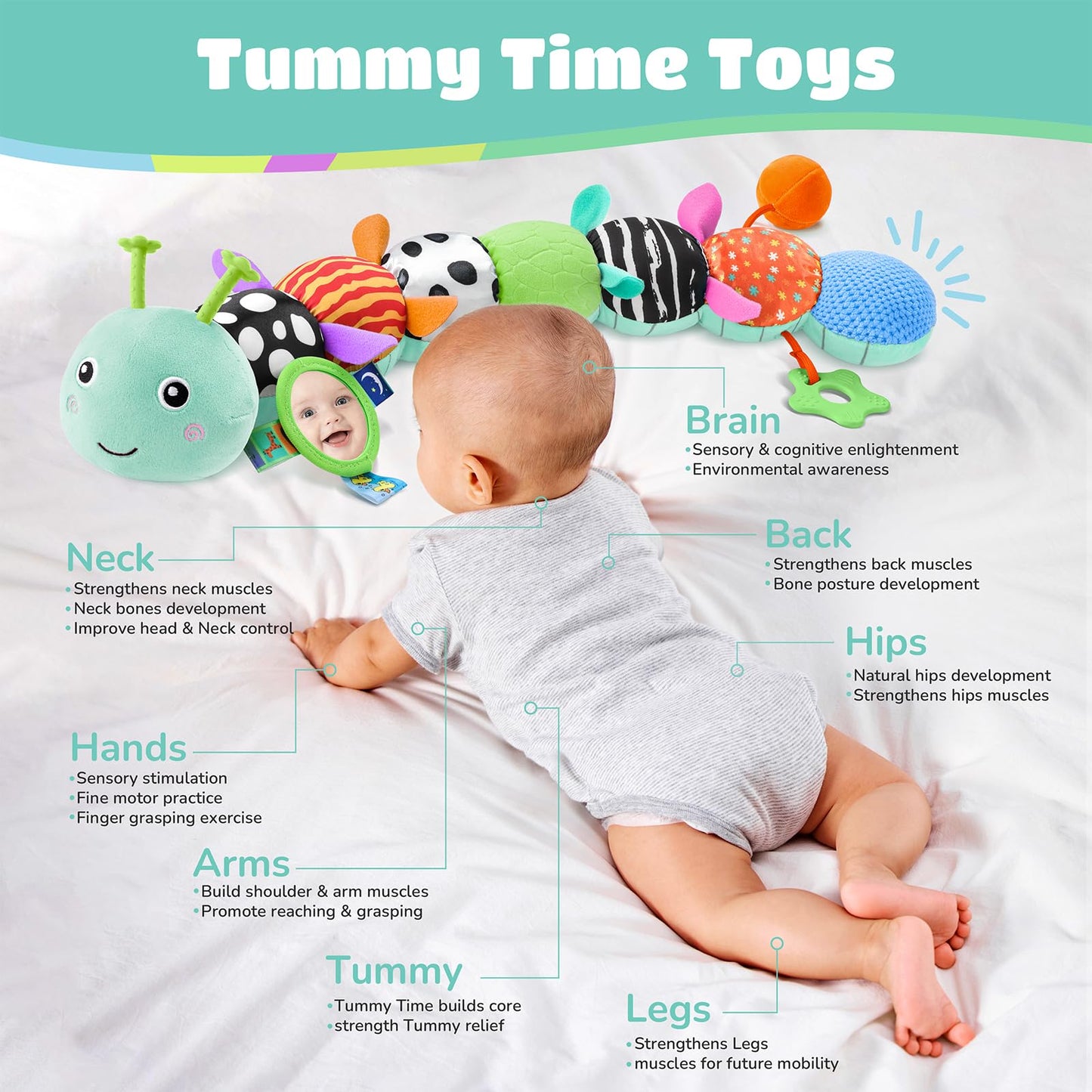 AWOTOY Baby Toys 6-12 Months Music Caterpillar Infant Toys Stuffed Animals 0-3-6 Months Teething Tummy Time Sensory Toys with Mirror Rattle&Pull String for Boys Girls Birthday Gifts|Tiffany Blue,Leafy