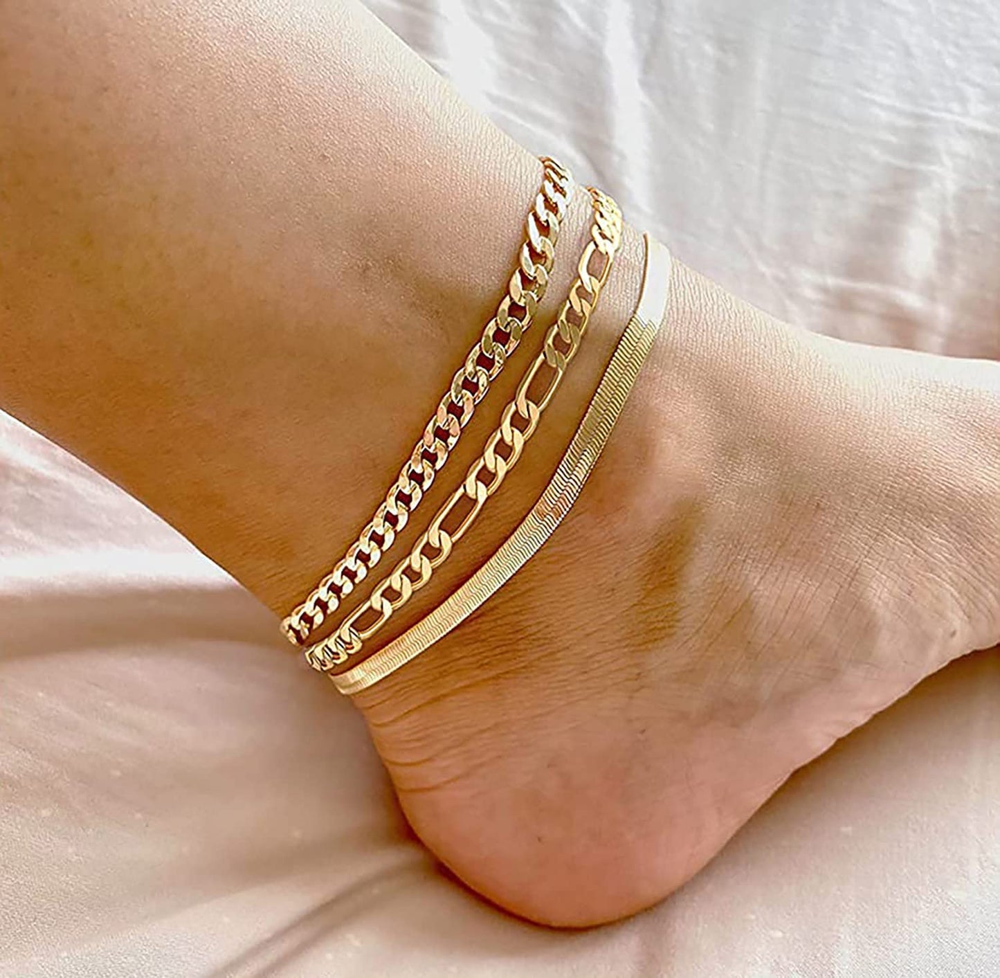 DEARMAY 14K Gold Plated Anklets Waterproof Ankle Bracelets for Women Cuban Link Anklet Bracelets Cute Figaro Paperclip Rope Herringbone Set Jewelry