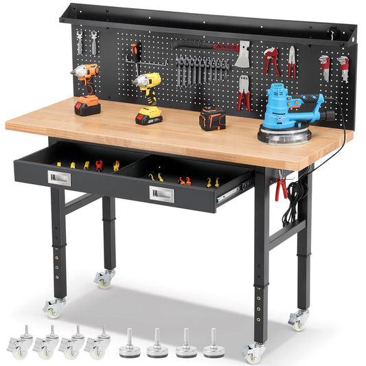 ENJOYWOOD Workbenches for Garage Work Bench with Wheels 60 Inch Adjustable Rubber Wood Top Garage Workbench with Drawers, Pegboard, Power Outlets for Woodworking, Home, Office, Workshop