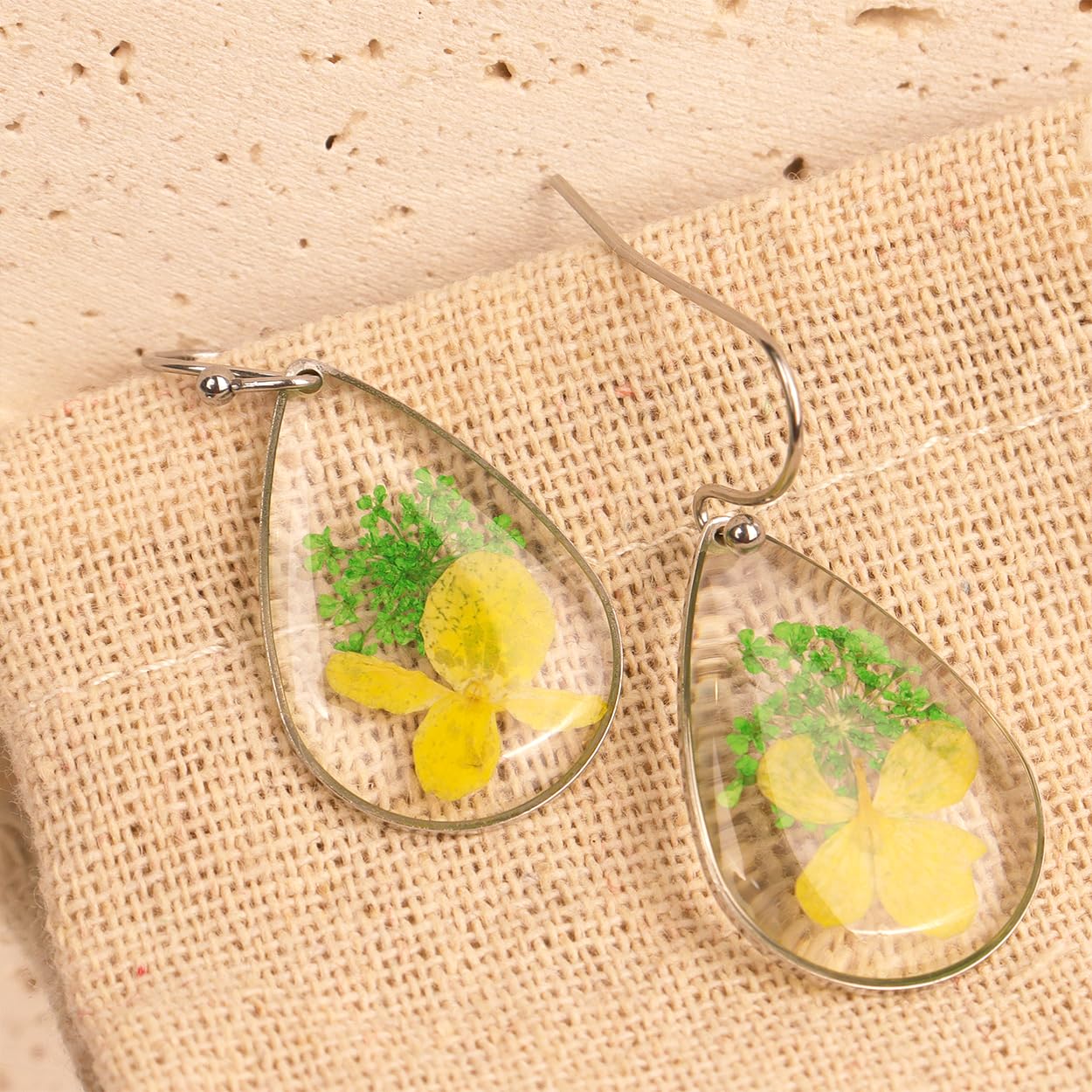 JeanBeau Handmade Pressed Flower Earrings for Women, Unique Resin Nature Dried Flowers Sterling Silver Teardrop Dangle Drop Statement Yellow Lime Green Floral Earings Fashion Summer Jewelry Gift