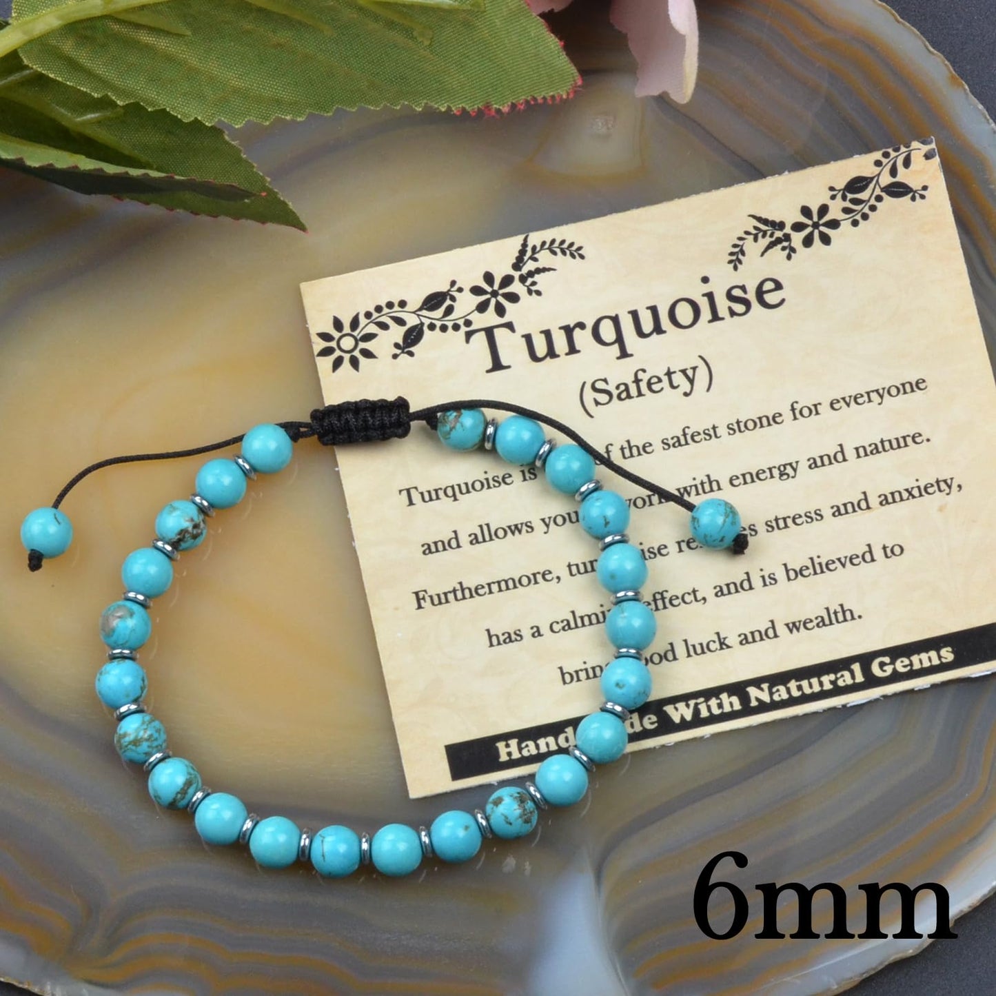 CHCCOYE 6mm Handmade Adjustable Natural Gemstone Crystal Bracelet Healing Power Energy Inspirational Gifts with Card for Unisex (Turquoise)
