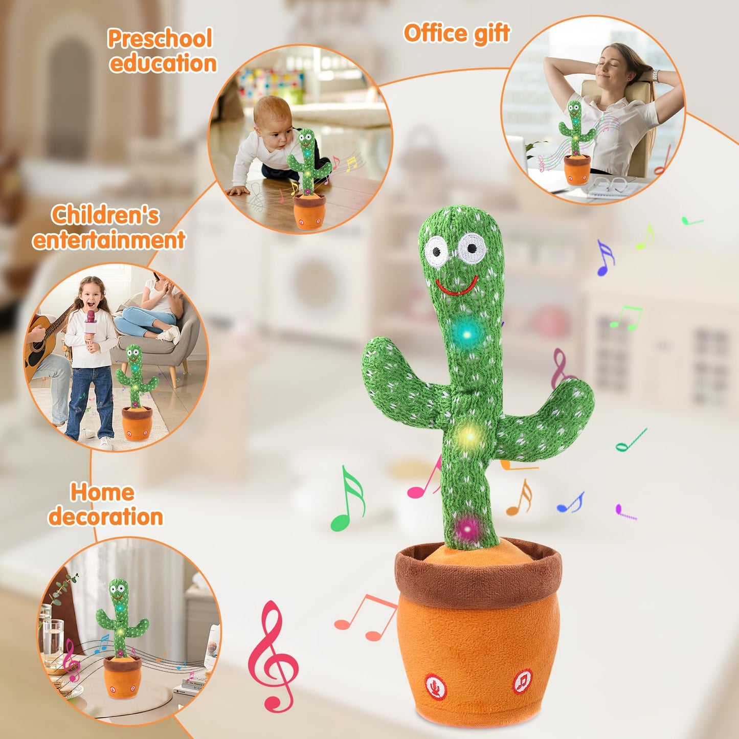 Dancing Cactus Toy for Baby Toddler, Talking Cactus Colorful Glowing Repeating What You Say, Singing Toys 10 Pcs Songs for Baby Gifts
