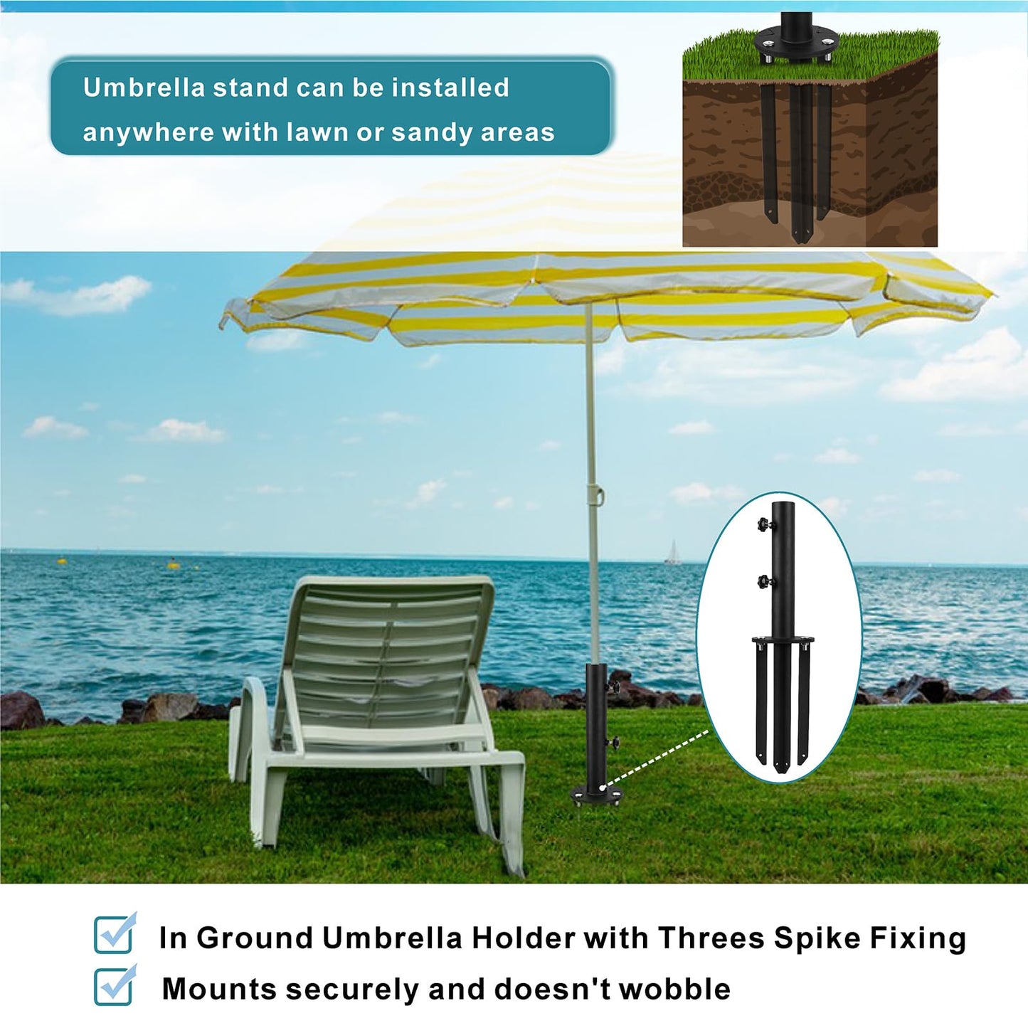 Wdwlbsm Patio Umbrella Base Stands, 3 in 1 Multifunctional Outdoor Umbrella Holder, In Ground Umbrella Base with Ground Spike Fixing,Parasol Base Mount for Concrete,Lawns,Granite
