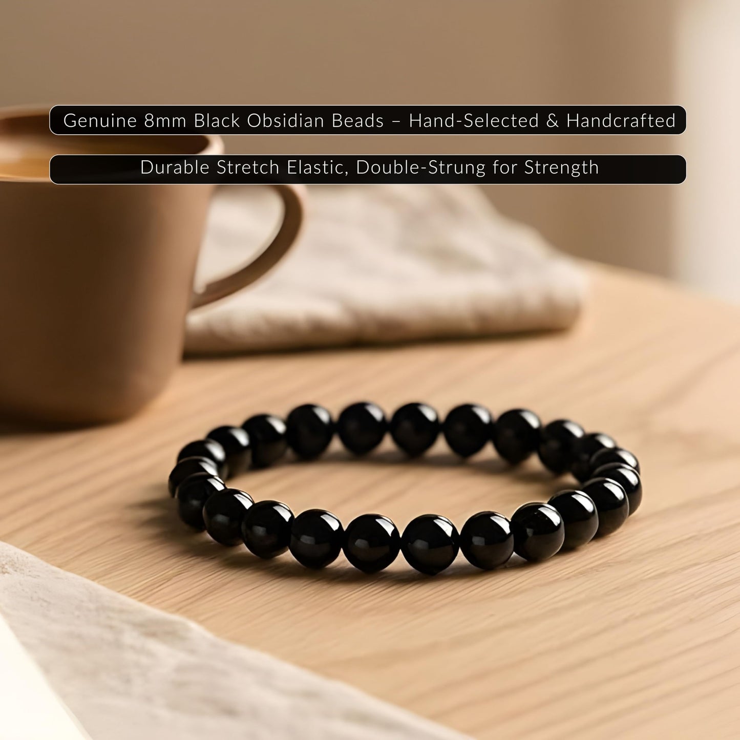 Cherry Tree Collection Black Obsidian Beaded Bracelet – Genuine 8mm Gemstone Stretch Bracelet for Men & Women – Handmade Crystal Bracelet - (Black Obsidian - S)