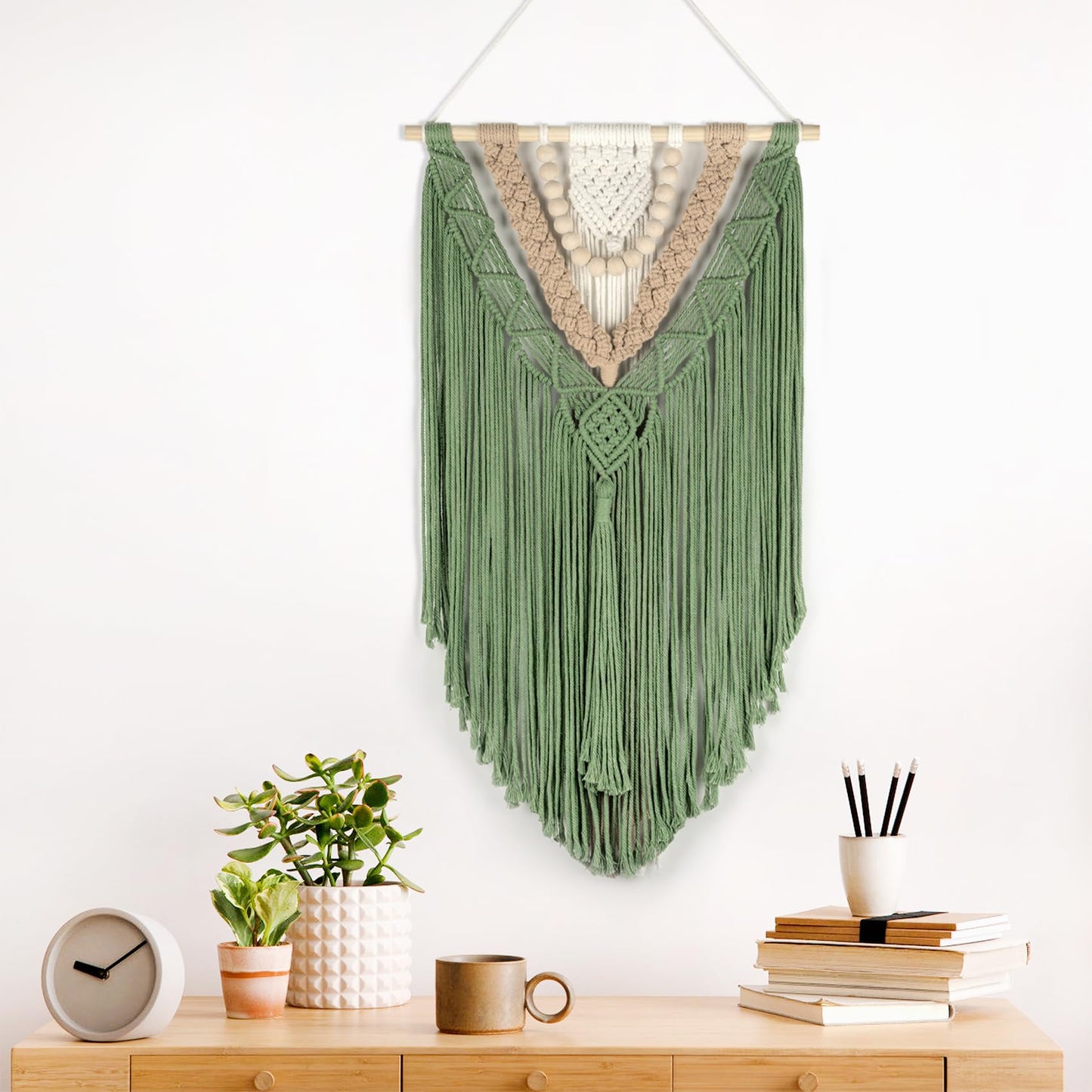 EOBTAIN Green Macrame Wall Hanging Boho Home Decor,Handmade Craft Handwoven Tapestry for Gallery Nursery Living Room,Natural Cotton Cord and Wood Beads Tassel Bohemian Art Decoration,30 Inch