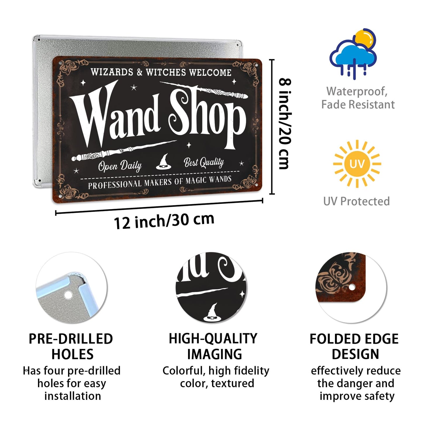 Wand Shop Wizards & Witches Welcome Halloween Metal Tin Sign Wall Art for Farmhouse Home Cafes Haunted House Halloween Holiday Party Decor 8x12 Inch