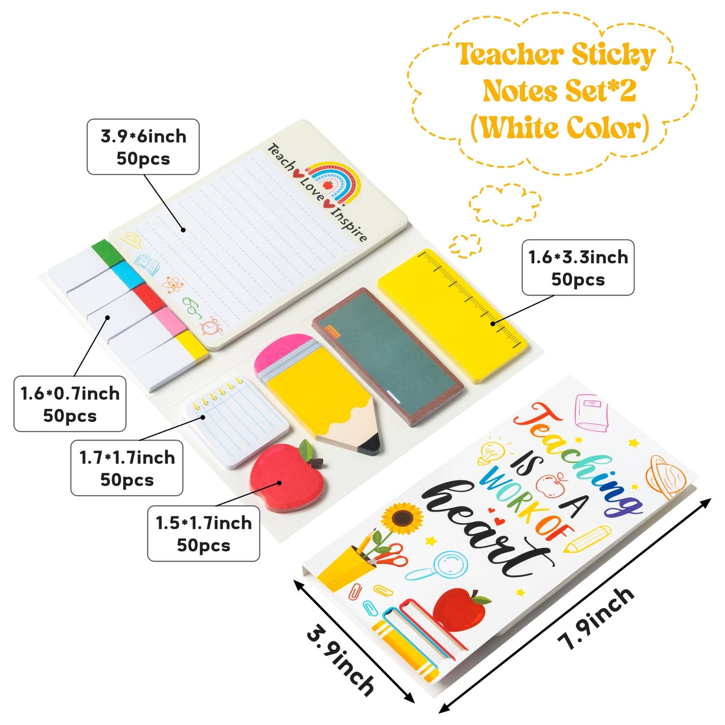 Xqumoi 2 Pack Teaching is A Work of Heart Sticky Notes Set - Ruler Blackboard Pencil Apple Self-Stick Note Pads Teacher Appreciation Gift Writing Memo Pads Page Marker Back to School Office Supplies