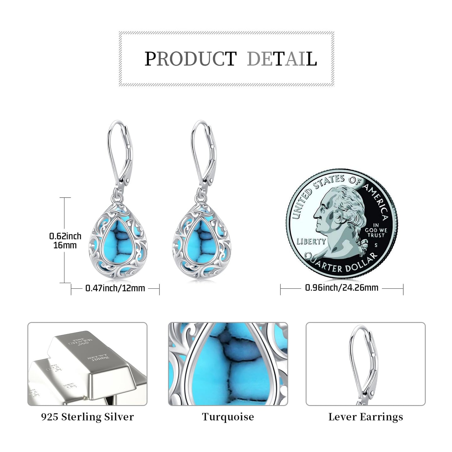 KoyeKei Filigree Turquoise Leverback Earrings for Women 925 Sterling Silver Turquoise Teardrop Dangle Drop Earrings Filigree Jewelry Birthday Graduation Gifts for Lover Her Best Friend