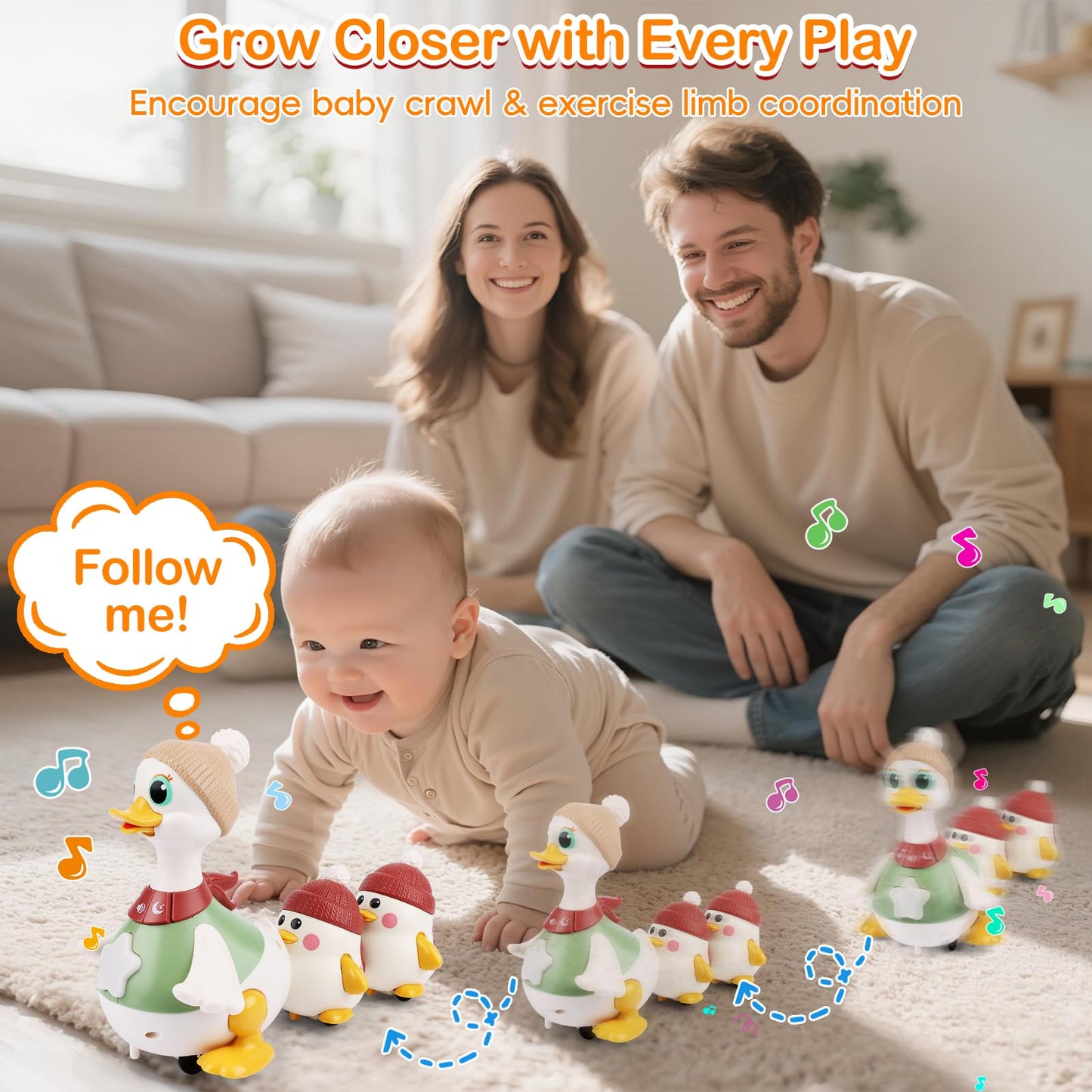 Sinpedex Musical Crawling Duck Baby Toys for 6-12 Months : Interactive Sensory Toy with Waddling & Calming Light for Tummy Time, Bedtime & Motor Skills | BPA-Free Infant Gift for 1 Year Old Boy Girl