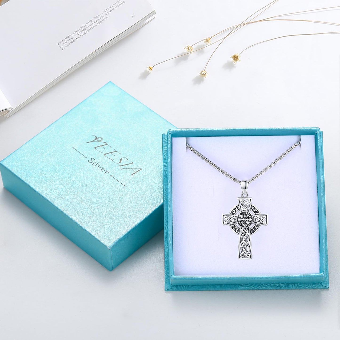 YEESIA Cross Necklace for Men Women 925 Sterling Silver Viking Cross Pendant Necklace Celtic Pendant Nordic Paganism Jewelry for Men Women