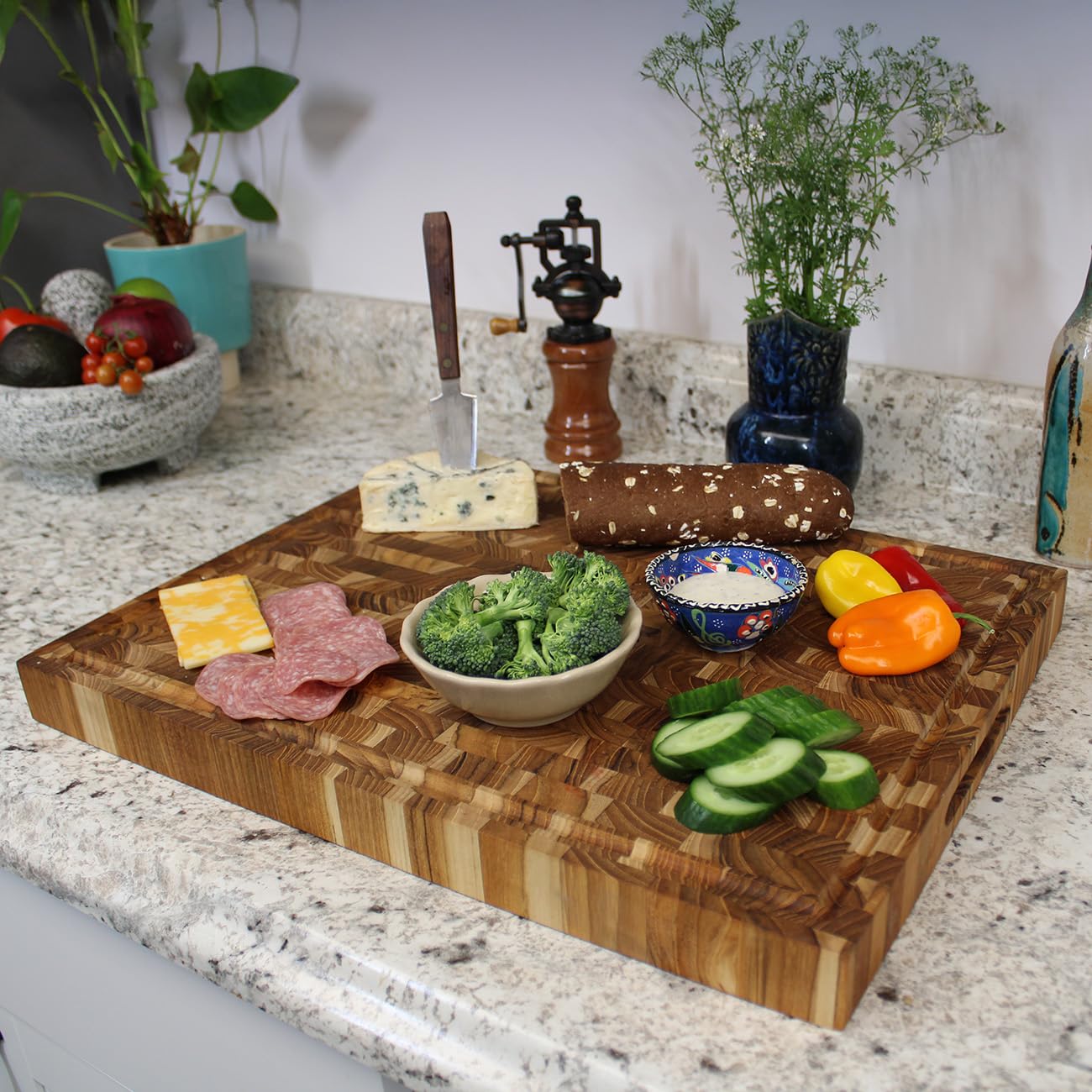 EcoDecors FSC Certified Solid Teak Wood Cutting Board 24x18, Large End Grain Butcher Block with Juice Groove, Side Handles, Charcuterie Slots, Reversible