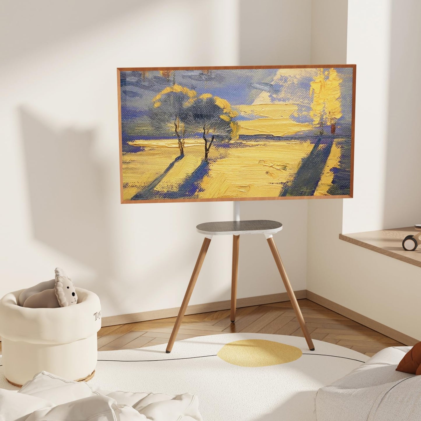 ECOTINY Tripod Easel TV Stand for 43–65 Inch TVs, Height Adjustable Swivel Floor Stand with Wooden Tray and Cable Management, VESA 400x400, Minimalist White