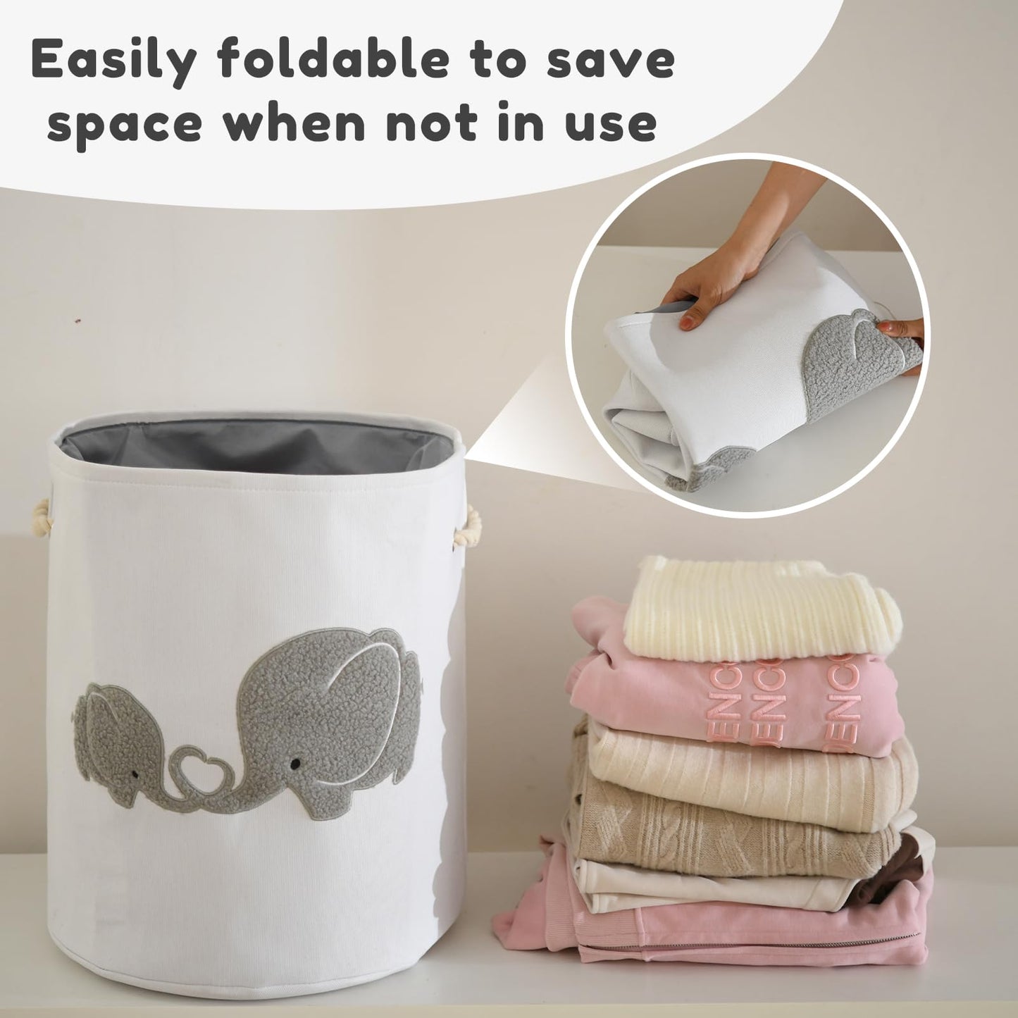 INough Baby Hamper Extra Large Nursery Hamper, 58L Kids Toys Basket Laundry Basket for Baby's Dirty Clothes Collapsible Storage Basket Canvas Clothes Hamper Toy Box Dorm Room Essentials for College