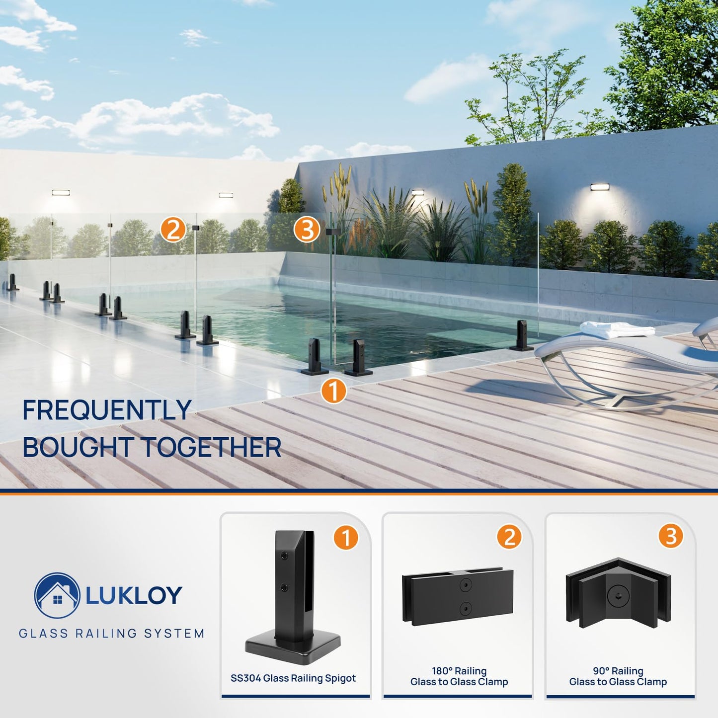 LukLoy 12 Pack NW. 2.1lb T304 Stainless Steel Glass Railing Spigot Heavy-Duty Matte Black Clamp Post Glass Railing System, No-Drill Design for Pool, Deck, Stair, Balustrade, Balcony - Level 2
