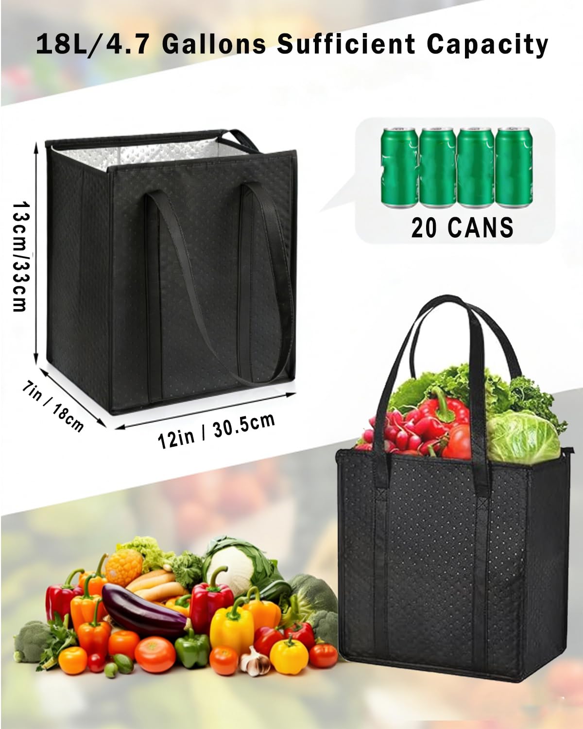 4-Pack Large Reusable Shopping Bags, Insulated Reusable Grocery Bags with Zippered Top - Thermal Bags for Cold and Hot Food, Cooler Grocery Bags Insulated for Groceries, Frozen Food & Food Delivery