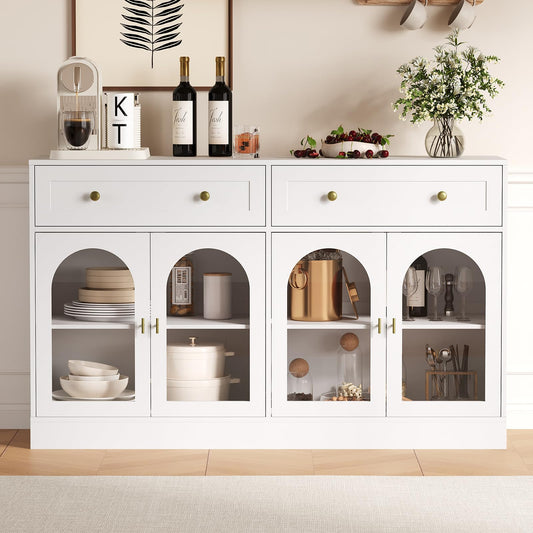 55" Farmhouse Sideboard Buffet Cabinet with Storage, Large Glass Display Cabinet Console Coffee Bar Buffet Table with 2 Drawers & Acrylic Doors for Kitchen, Dining Room, Living Room, White