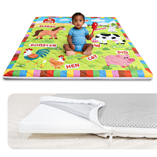 Beavtaens Foam Baby Play Mat 50x50, Removable and Machine Washable Cover, Thicken Cushioning Playmat and Perfect for Playpen, Non-Slip Bottom, Easy to Clean for Infants, Toddlers & Babies(Farm)