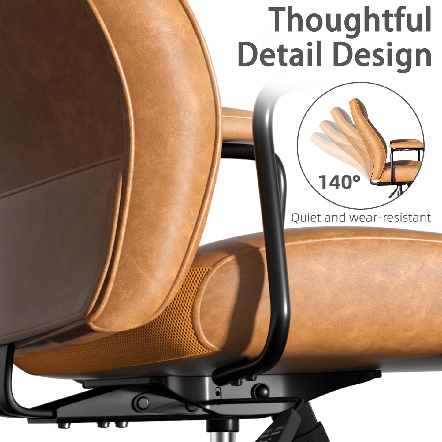Bananister Brown Leather Office Desk Chair with Wheels and Arms, Height Adjustable, Vintage, Mid Century Modern Style