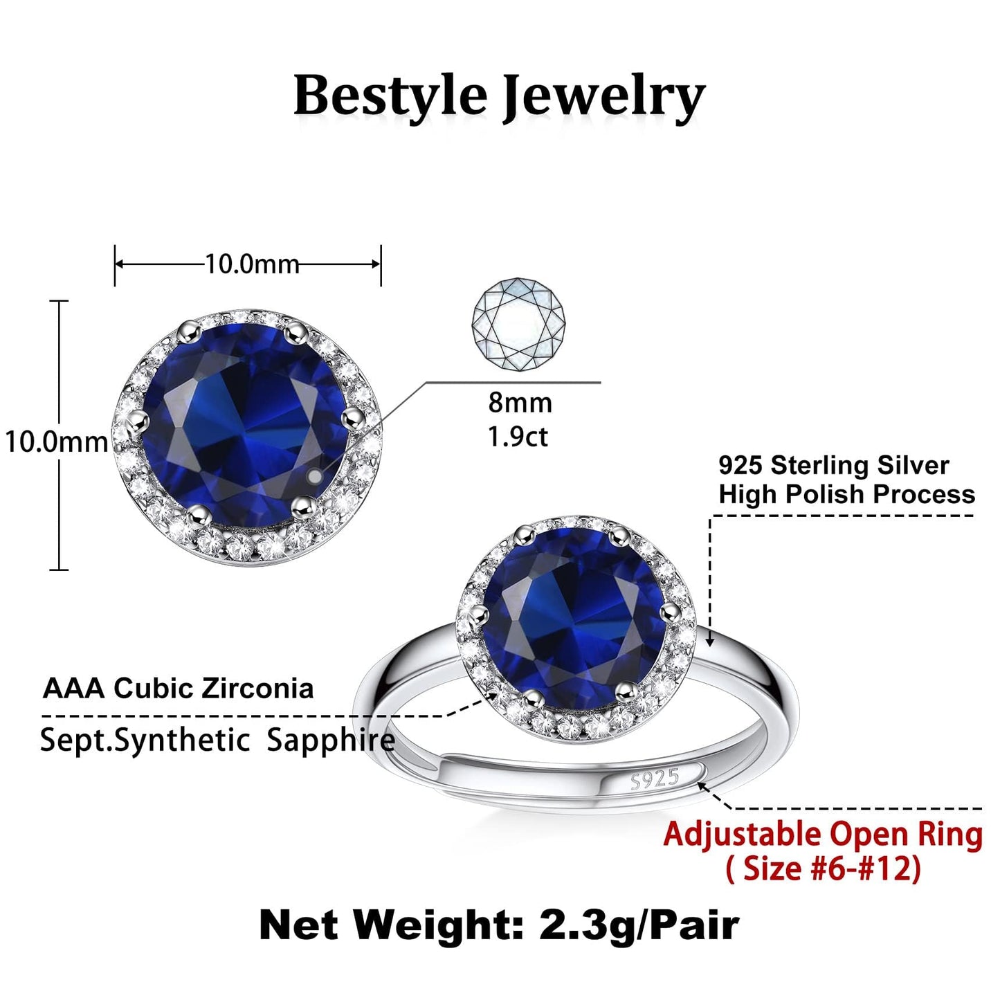 Bestyle Adorable September Sapphire Birthstone Rings 925 Sterling Silver CZ Round Gemstone Rings Great Birthday Gift for Daughter/Wife/Mom/Grandma