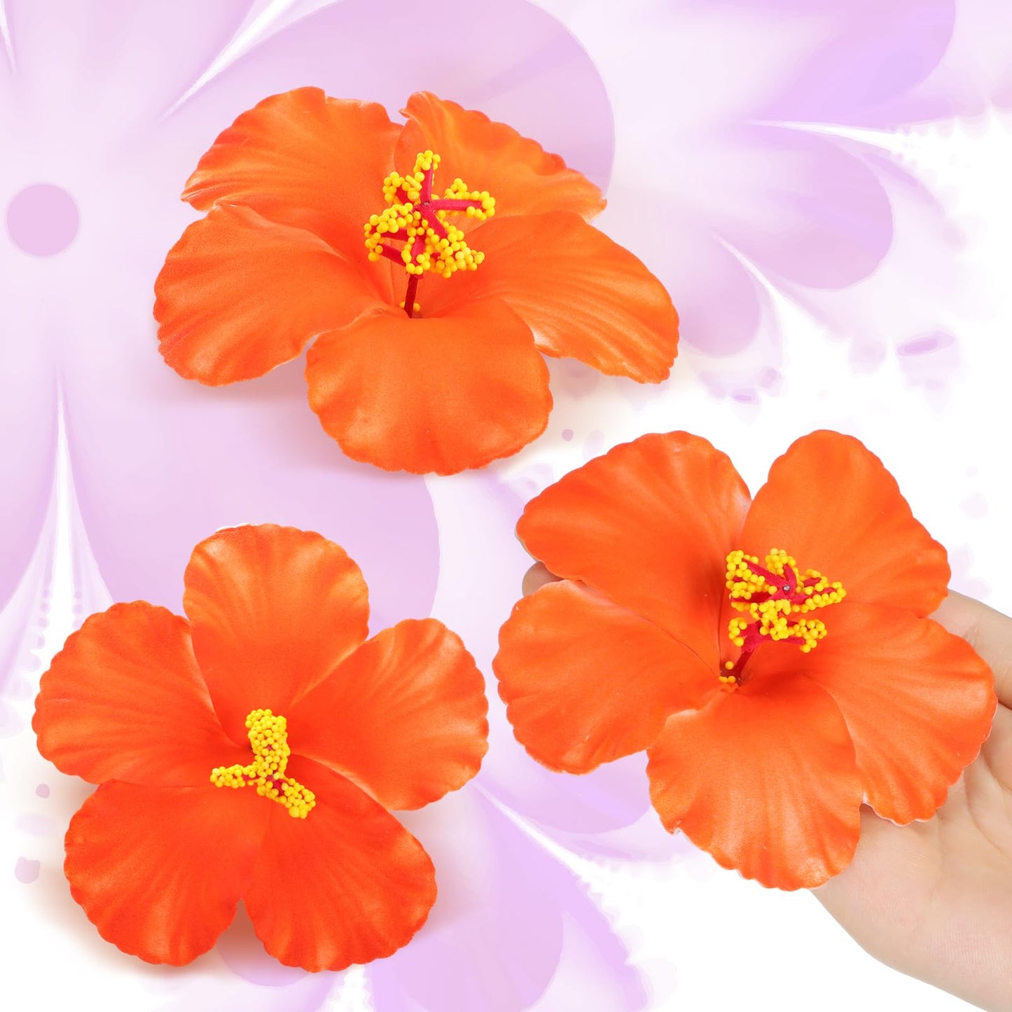 Hotop 24 Pcs Artificial Hibiscus Flowers Orange Hawaiian Fake Flowers Faux Tropical Hibiscus Decoration for Luau Summer Party Decor DIY Crafts Cake Favors Supplies Table Centerpieces