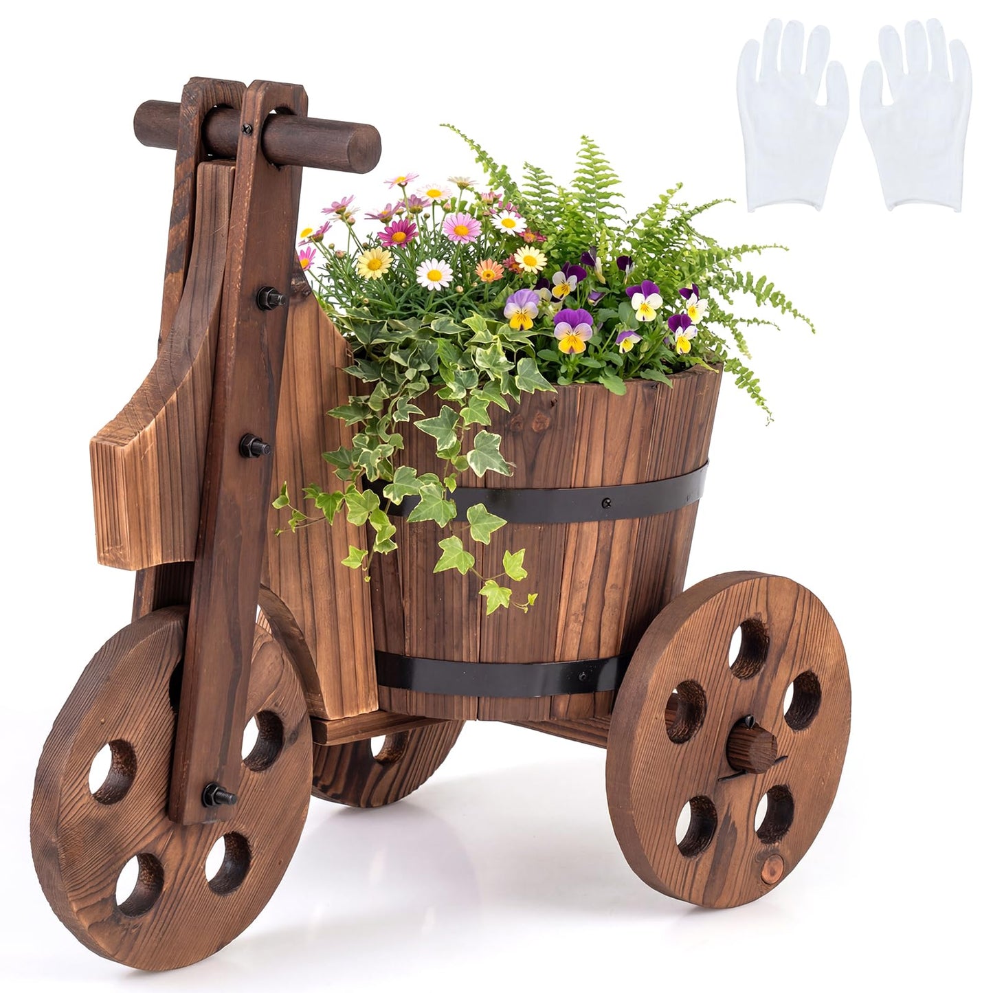 HAPPYGRILL Wooden Wagon Planter, Rustic Wood Wheelbarrow Planter w/3 Wheels,Drainage Hole & Storage Box for Growing Vegetables Herbs, Indoor Outdoor Flower Pot Cart for Patio Balcony Garden Decor (1)
