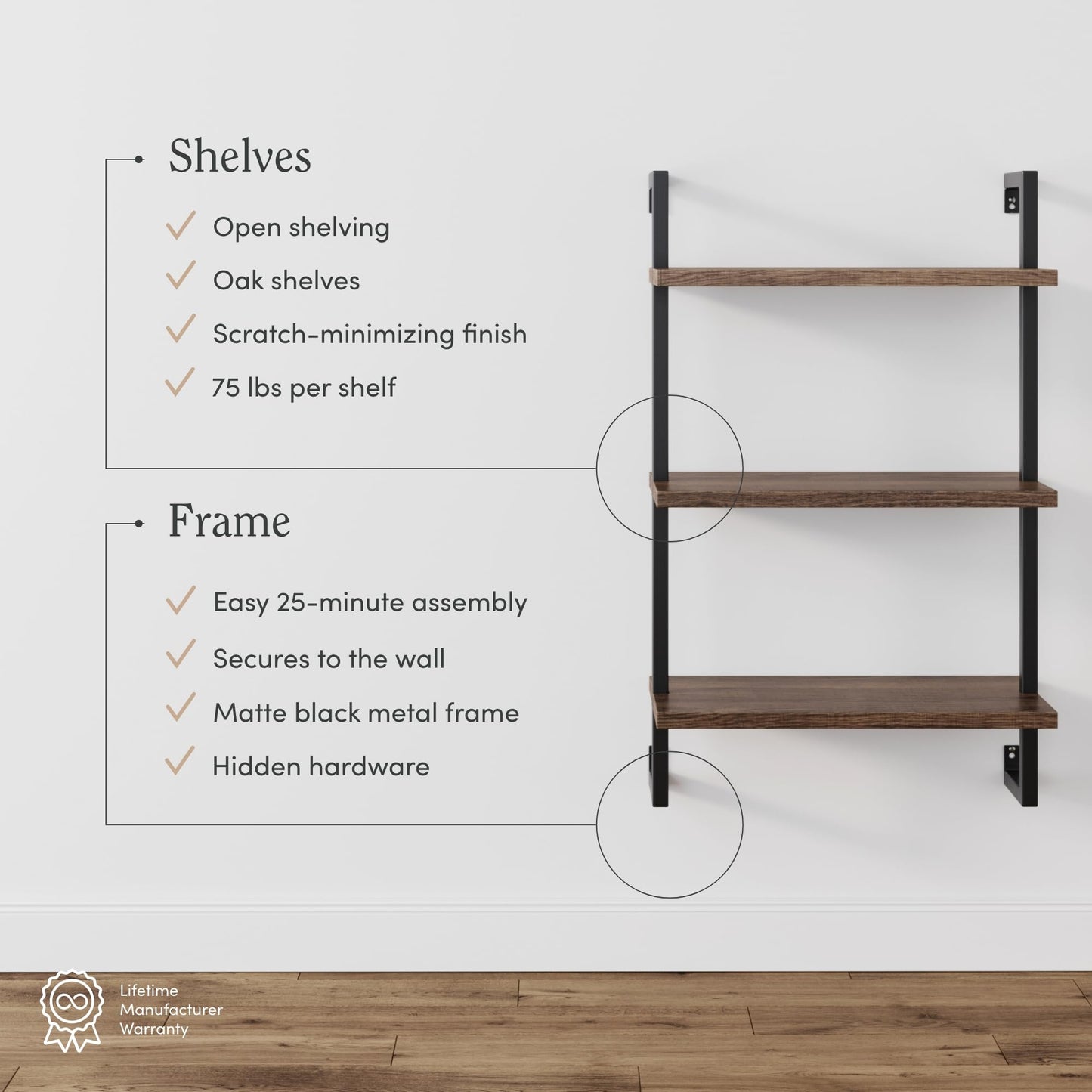 Nathan James Theo 3-Shelf Small Bookcase, Floating Wall Mount Bookshelf with Wood and Industrial Pipe/Metal Frame, Rustic Oak/Matte Black