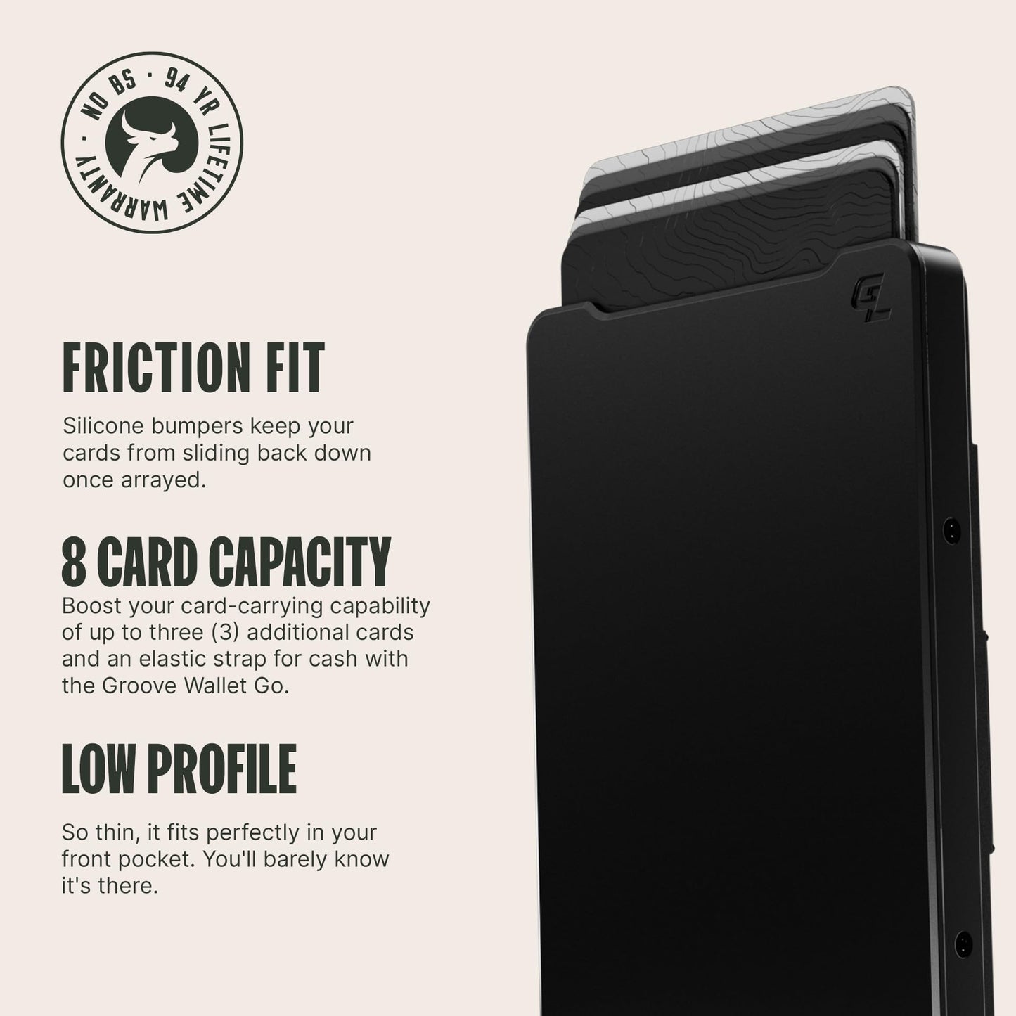 Groove Life Groove Magnetic Thumb Swipe Magsafe Wallet Black/Black Leather Go Mens Minimalist Aluminum Credit Card Holder with RFID Blocking, Genuine Leather Attachment, Lifetime Coverage