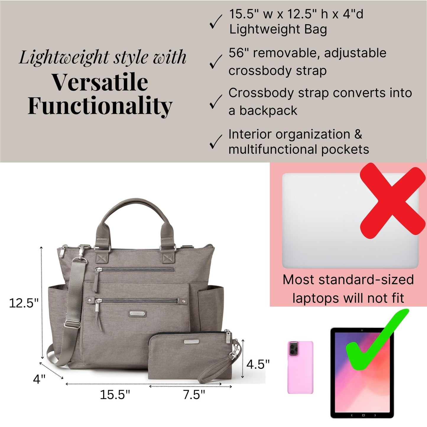 Baggallini 3-in-1 Convertible Backpack Tote Handbag - 15x12" Lightweight Travel Bag w/ RFID Phone Wristlet
