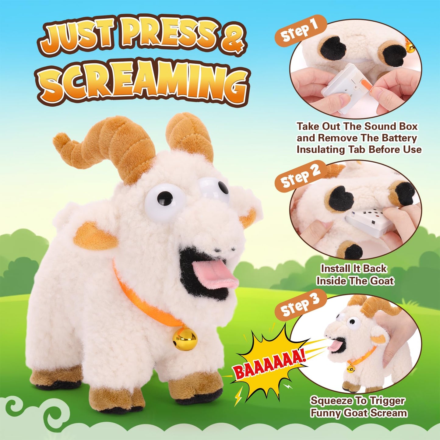 FunisFun Goat Plush with Bell, Goat Stuffed Animal with Funny Screams Sound, Gag Gift for Adults Friends and Coworkers Desk Toy