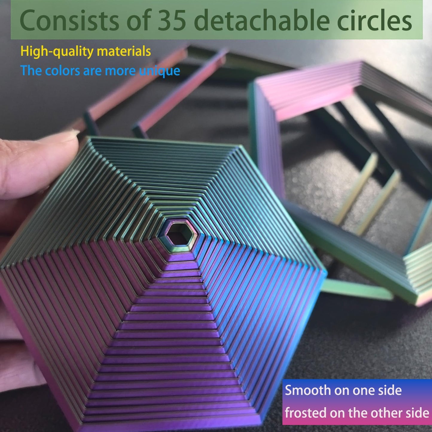 Fractal Fidget Hexagon, Kinetic Desk Spinning Toy, 35 Circles、5.9x6.69in, Used for Anxiety Disorder ADHD, Adult Office Visual Illusion fingertip Toys, 1 pc (Yellow-Blue-Green)