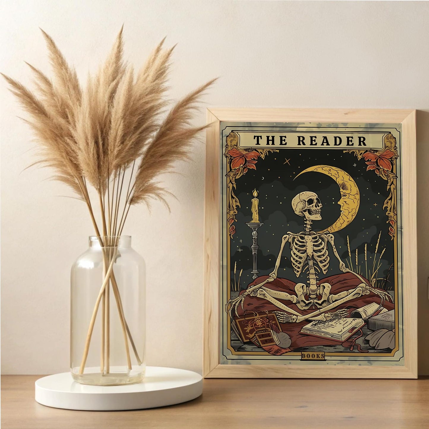 Tarot card wall art Skeleton Reader Tarot Picture Decor Library Reading Room School Decor Book Lover Witchy Gothic Halloween Canvas Paintings Gifts for Readers Book Lovers Gifts 16x24inch Unframed