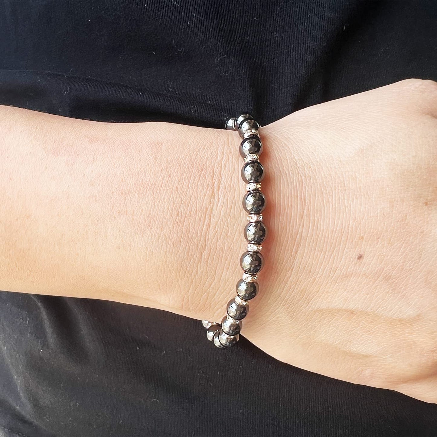 Apocalyptic-K Women's Magnetic Bracelet，Hematite Bracelets，Magnetic Bracelets With Zirconia,Handmade Stretch Bracelet，Eliminates static electricity. (Rose Gold Zirconia,6MM)