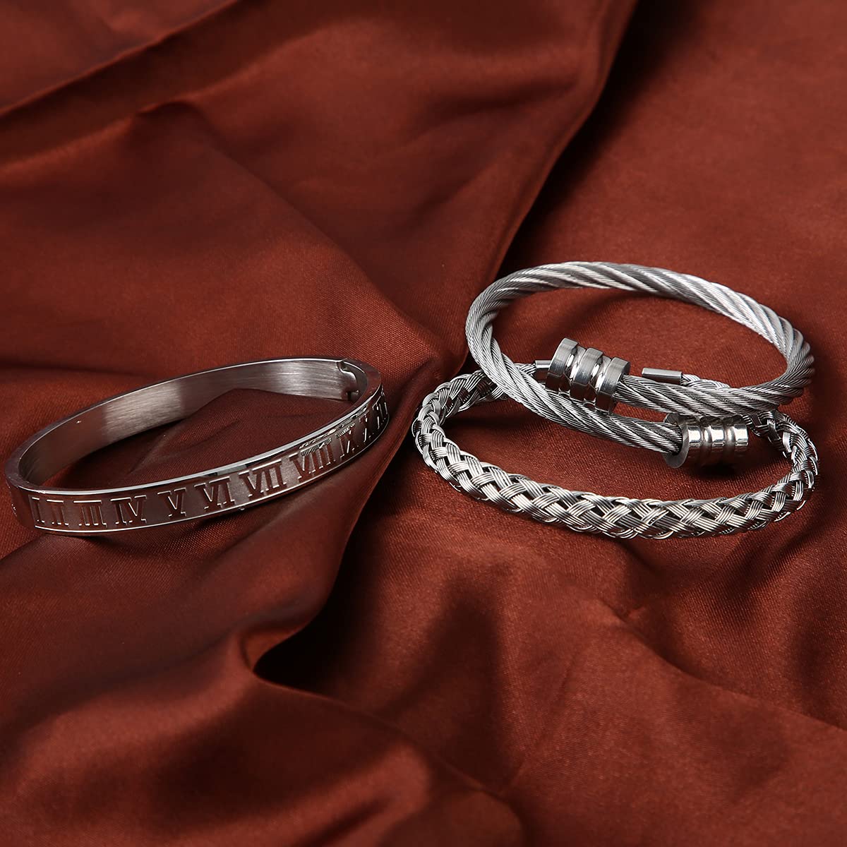 WFYOU 3PCS Stainless Steel Bracelets for Men - Gold Roman Numeral & Adjustable Cuff Bracelets - Luxury Mens Jewelry Gifts, 2.5 inch, Metal, stainless-steel