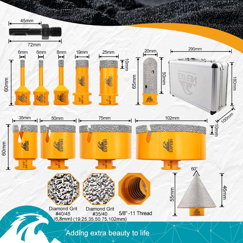 EXFEIN Diamond Tile Hole Saw Kit 12pcs - Diamond Core Drill Bits 6/6/8/19/25/35/50/75/102mm for Tile Porcelain Ceramic Marble with 20mm Finger Bit and 50mm Chamfer Bit Trimming Holes and SDS Adapter