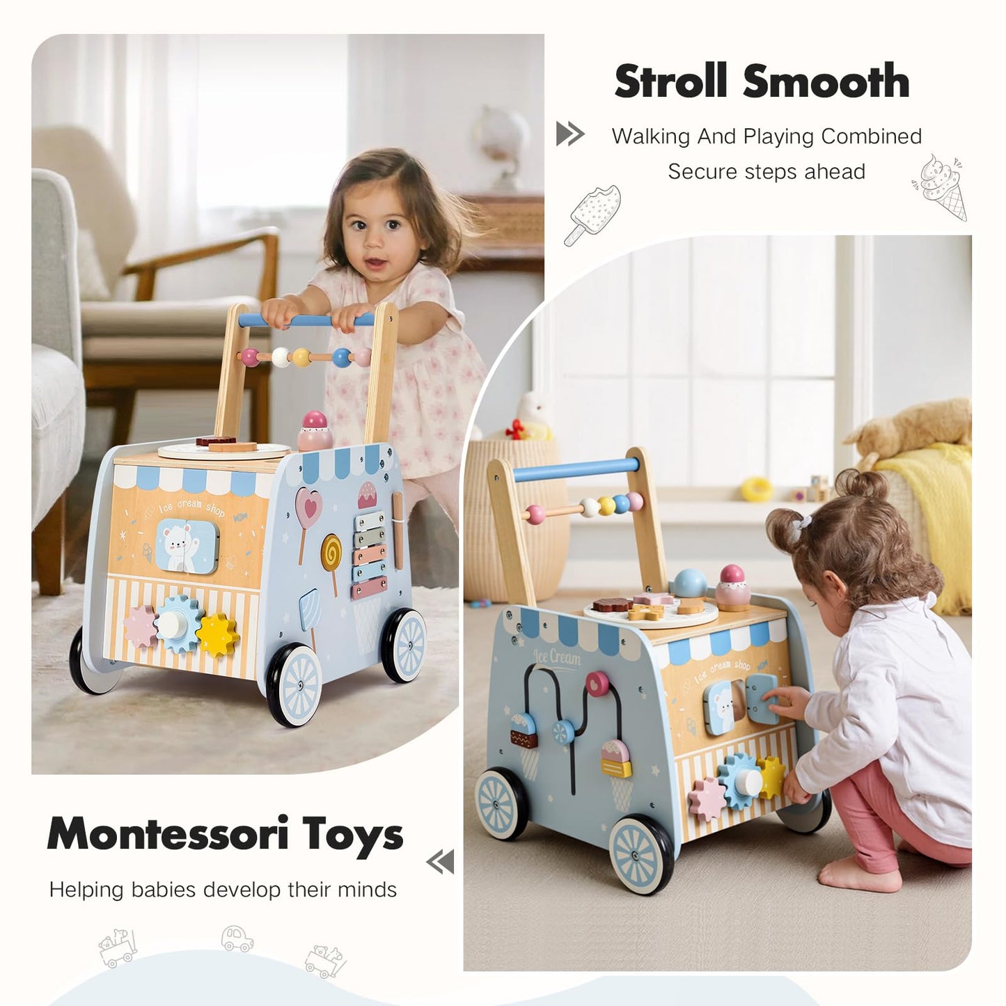 Frogprin Wooden Baby Walker, Multifunctional Ice Cream Cart, Push Walker with Wheels, Montessori Walker Toy with Activity Center, Pretend Playset Ideal for Toddlers, Boys and Girls Ages 12M+