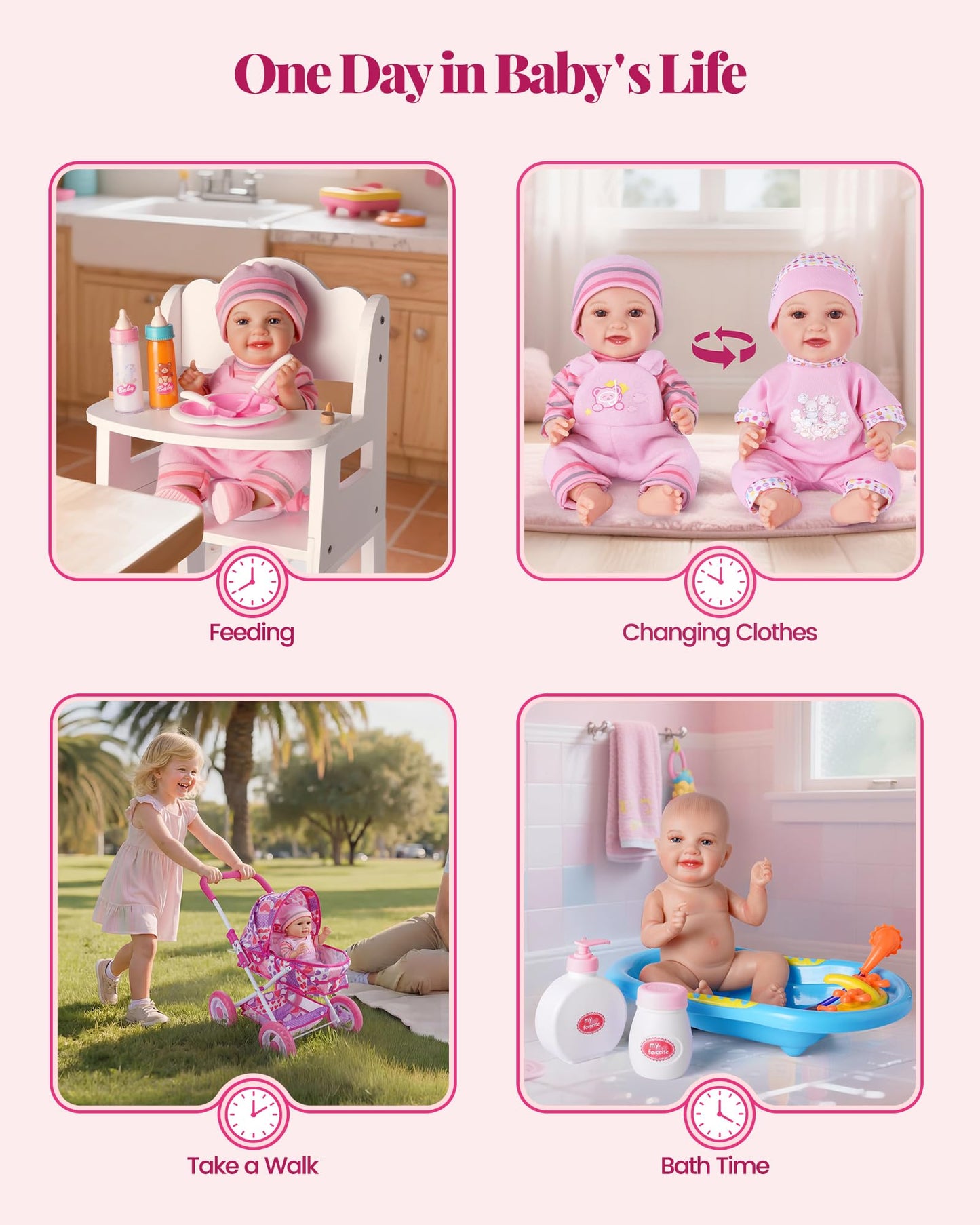 BABESIDE Baby Doll Stroller Set with 12 Inch Baby Doll, 14 Pcs Baby Doll Accessories, Folding Doll Pram Pretend Play Set, Feeding, Bath & Care Toys, Gift for Girls Ages 3yrs+