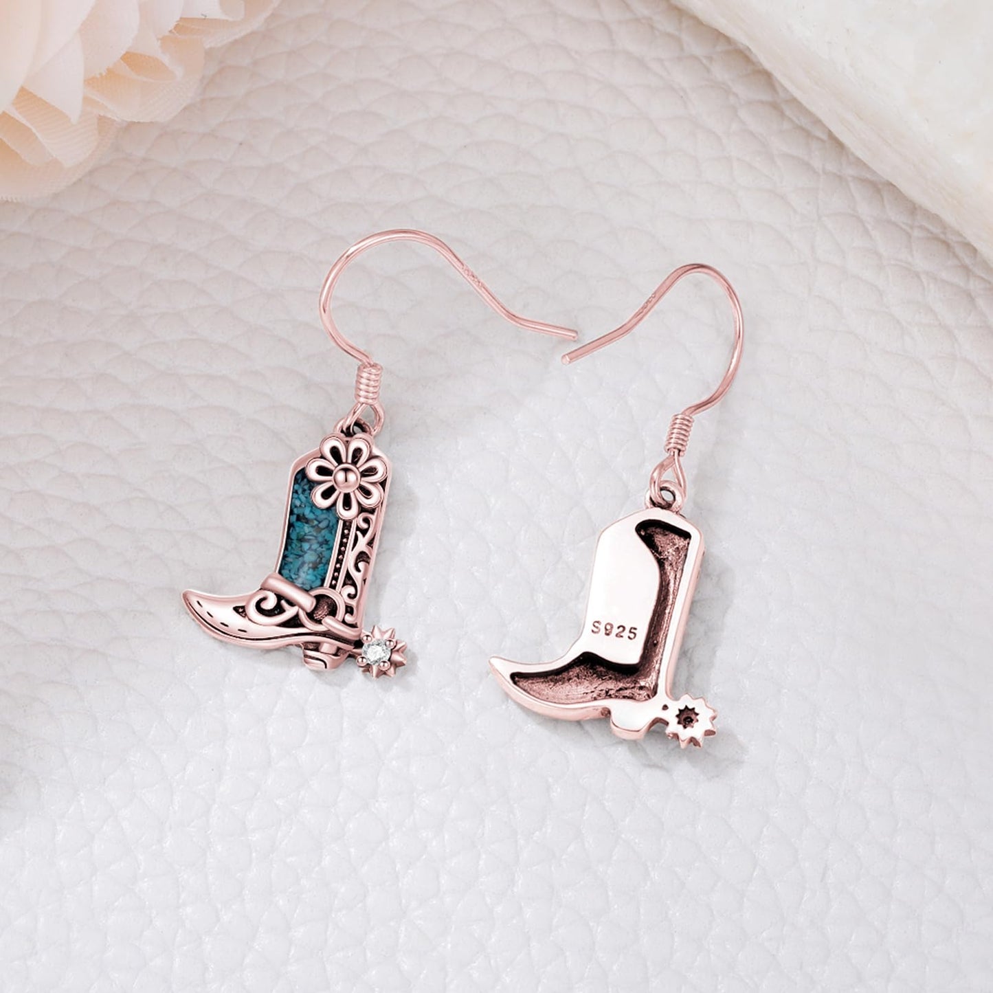 KoyeKei Rose Gold Cowboy Boot Earrings 925 Sterling Silver Pink Cowgirl Texas Boot Dangle Drop Earrings Western Turquoise Jewelry Country Gifts for Women