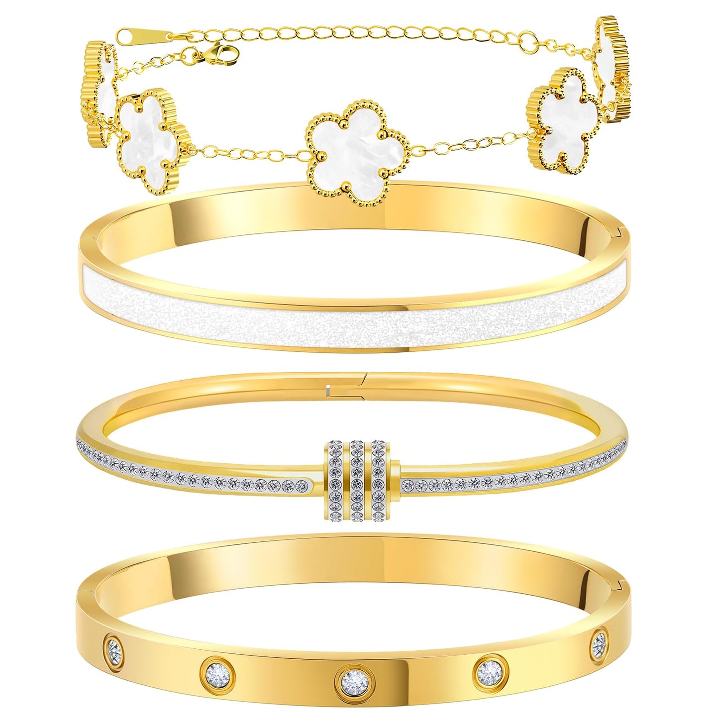 MOINSPIRE 18K Gold Plated Bracelets for Women, Stainless Steel Four Leaf Clover Tennis Nail Love Bangle Bracelets Set, Trendy Stackable Twist Cuff Bracelet Non Tarnish Jewelry Gifts for Christmas