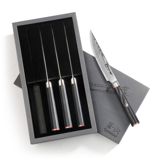 Cangshan YARI Series 4-Piece Fine Edge Steak Knife Set with Ash Wood Box, X-7 Damascus Steel