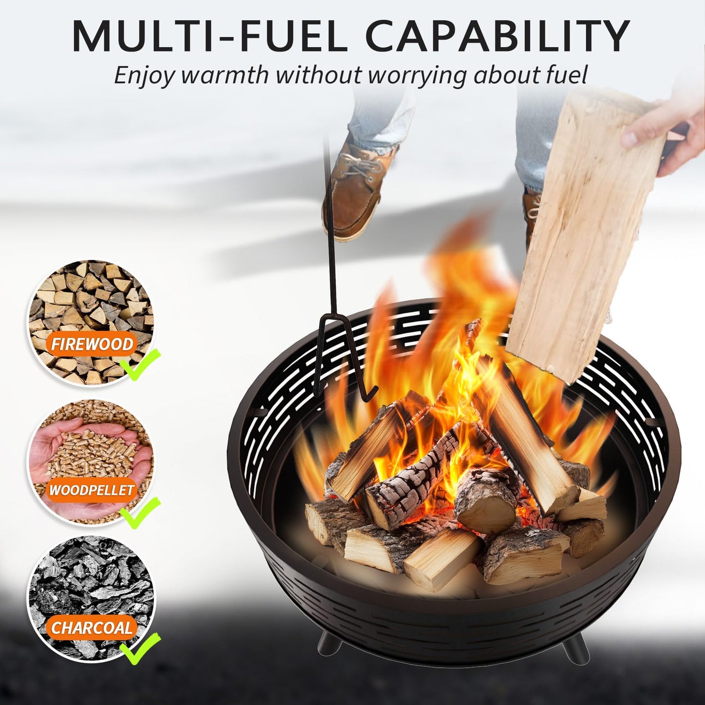 3-in-1 Fire Pit with Grill & Lid, 23" Outdoor Fire Pit Table, Cast Iron Wood Burning Firepit, Heavy Duty Fire Bowl for Outside Patio, Backyard Fireplaces, Large BBQ Pit Table with Fire Poker